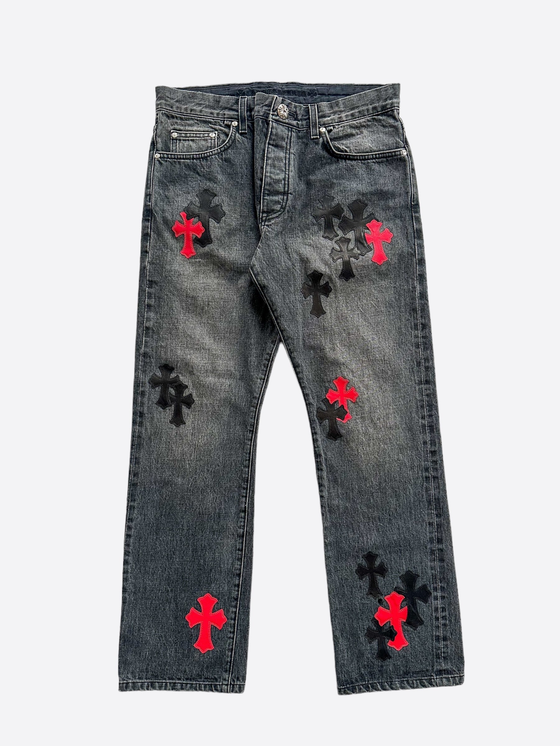 Chrome Hearts Grey Black & Red Cross Patch Jeans for Men & Women - Gothic Punk Fashion Denim Pants for Streetwear & Casual Outfits