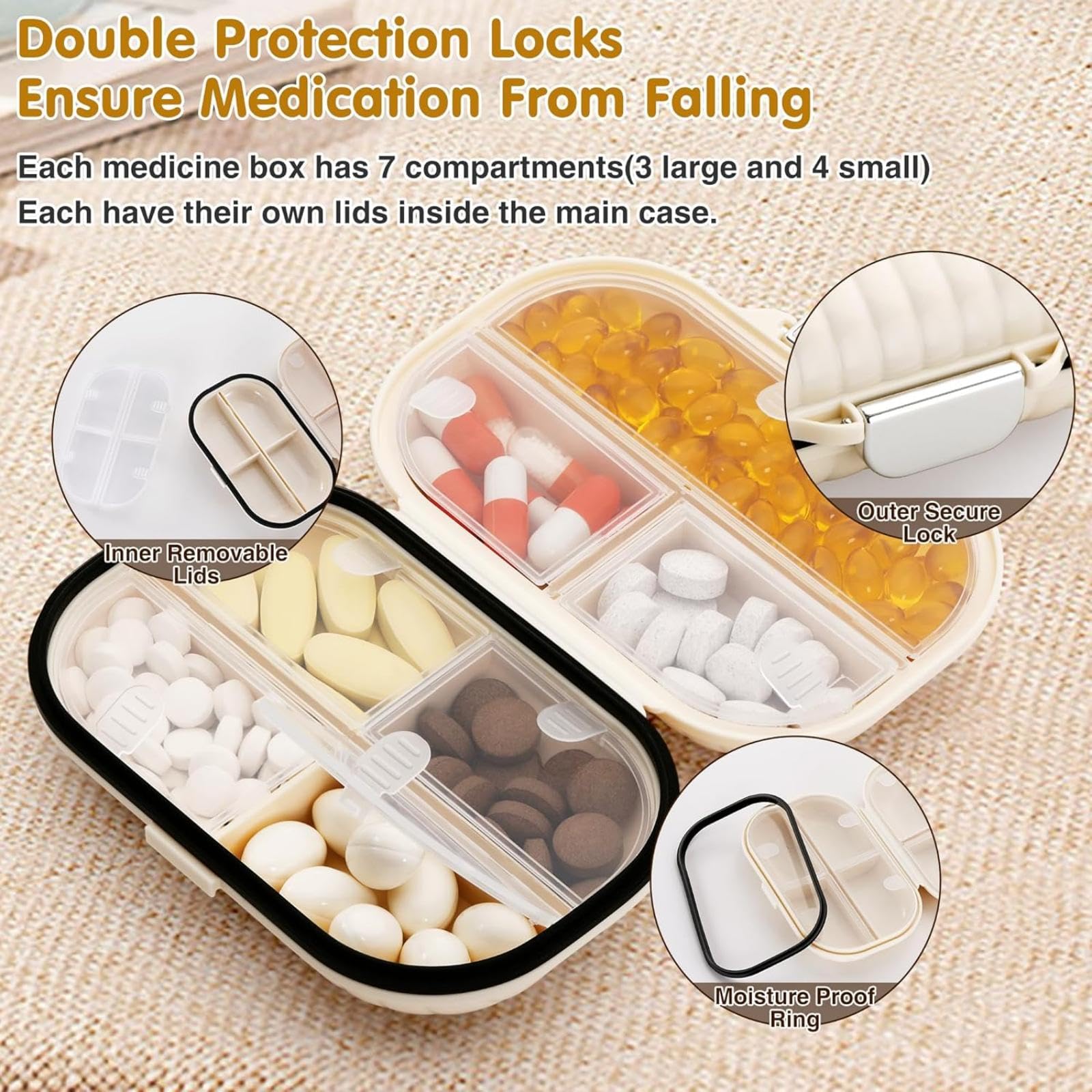 GLEEMEN 7-Day Pill Organizer Box (2-Pack) - Large & Small Portable Weekly Pill Case with 7 Compartments - Daily Medication Storage & Travel Essentials for Vitamins, Supplements & Pills (Beige) | Perfect for Home, Office & Vacation Use