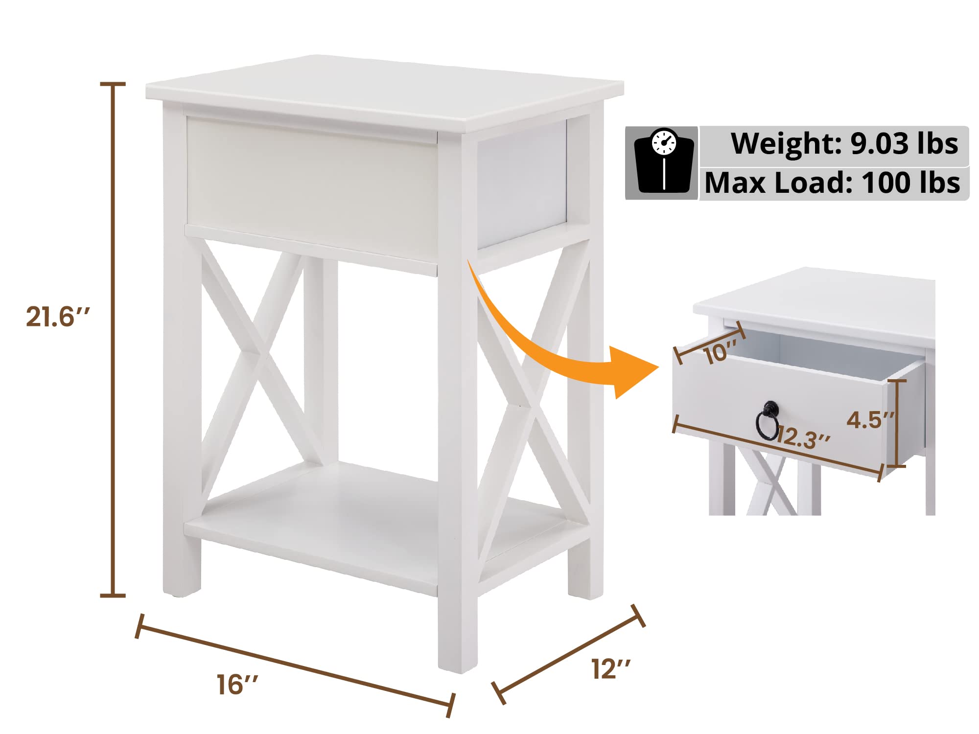 Compact 1.8ft Wooden Nightstand Set of 2 with Drawer - Space-Saving Bedside Tables for Small Bedrooms - White Modern Nightstands for Bedroom Decor - Perfect for Apartment Living, Dorm Rooms & Guest Rooms