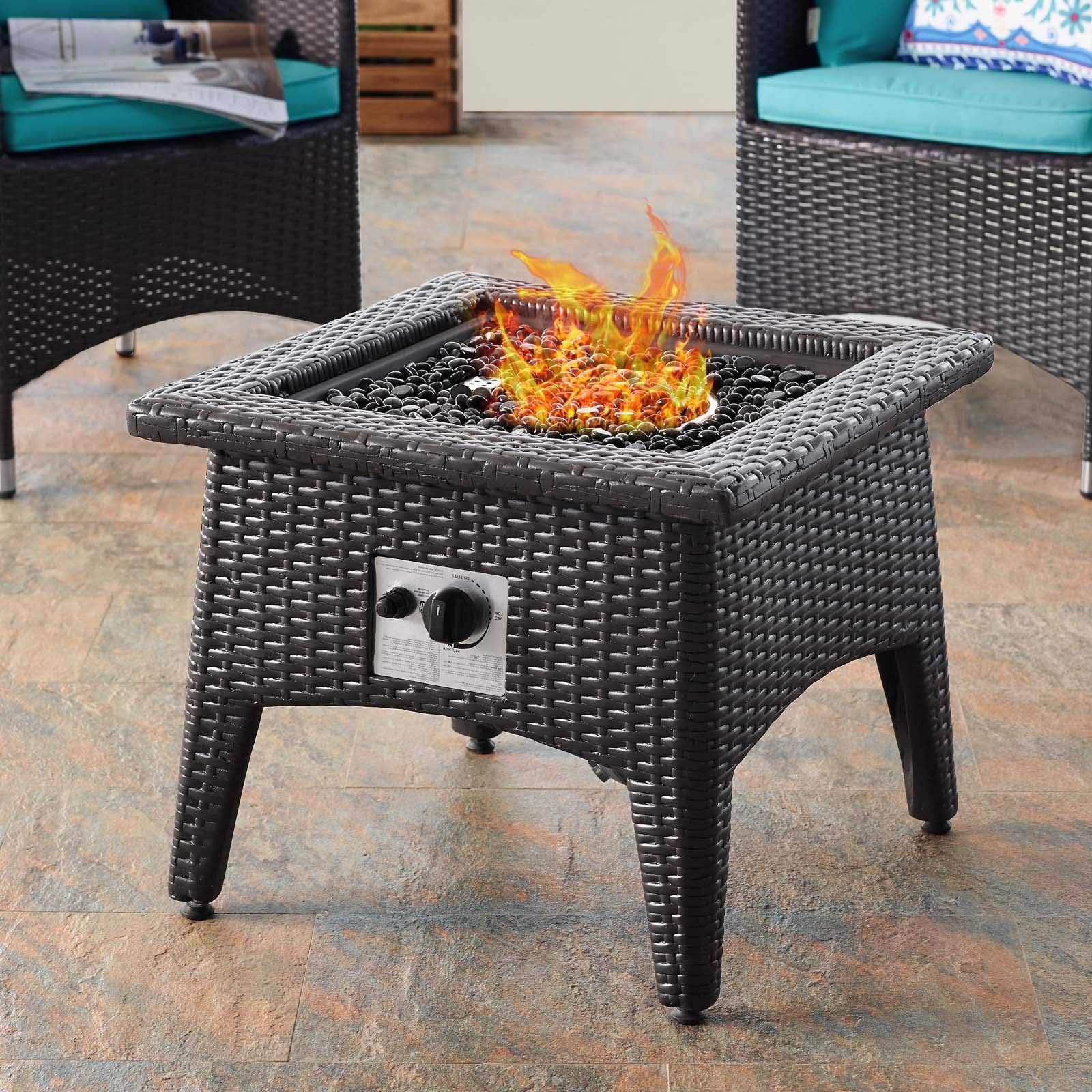 Modern Outdoor Patio Garden Lounge Coffee Fire Pit Table and Chair Set - Weather-Resistant Fabric Rattan Wicker Furniture in Blue - Perfect for Backyard, Poolside & Camping Gatherings