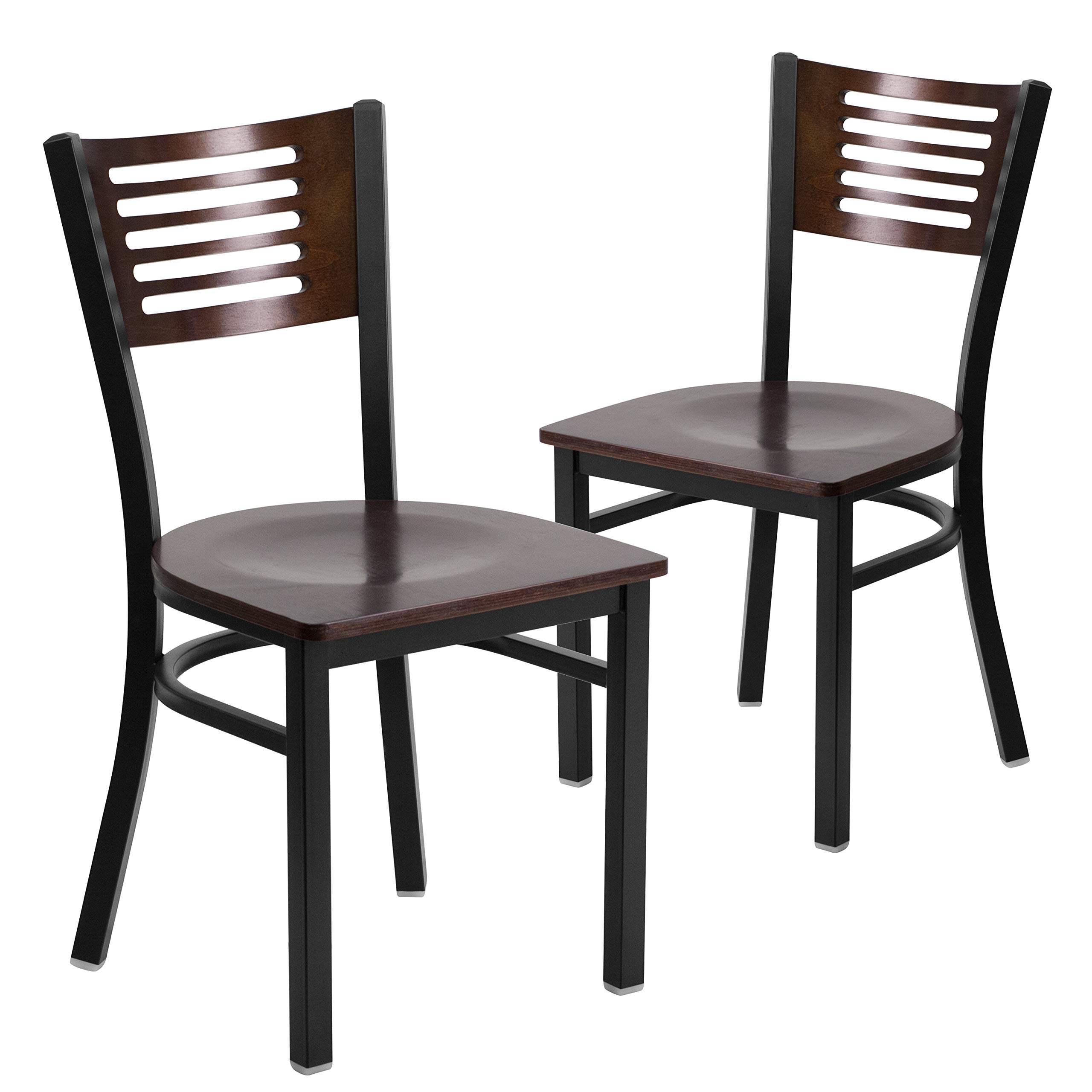 Flash Furniture HERCULES Series 2-Pack Black Metal Restaurant Chairs with Walnut Wood Back & Seat - Durable Commercial Dining Chairs for Restaurants, Cafes, and Outdoor Patios