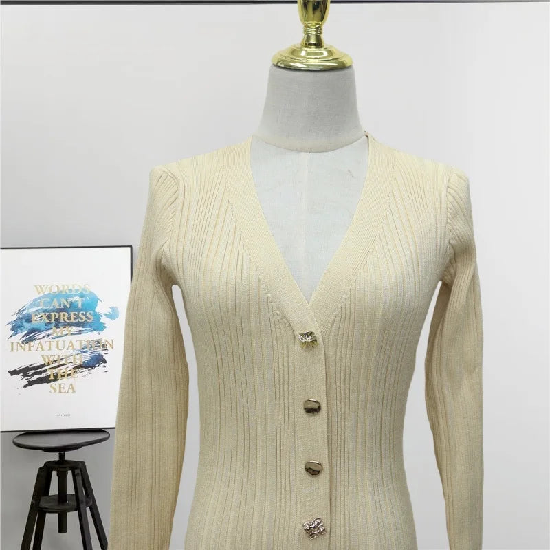 2024 French Elegant Black V-Neck Single Breasted Knitted Dress for Women - Long Sleeve Fishtail Beige Winter Dress | Perfect for Office, Party & Holiday Events