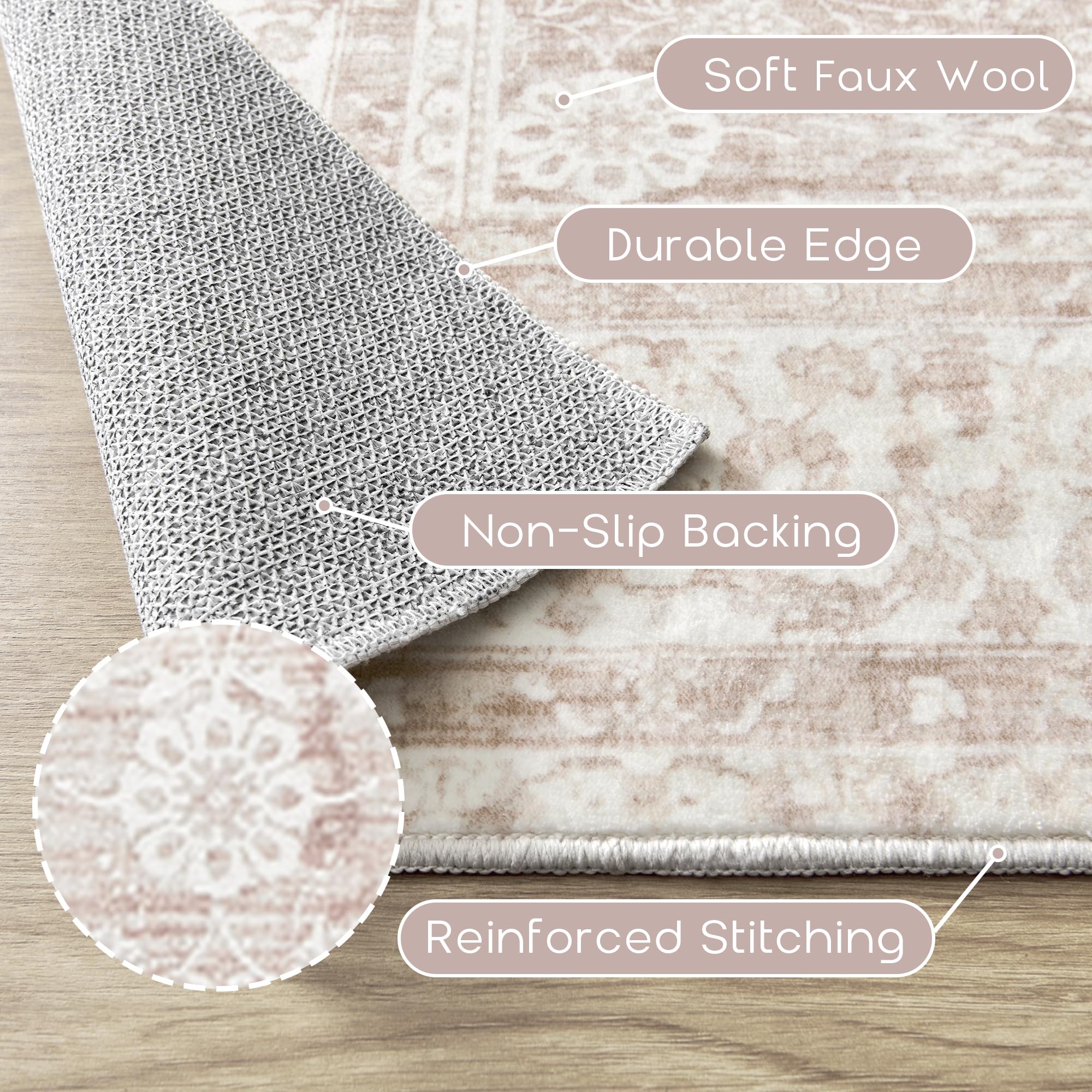 BILEEHOME 5x8 Washable Soft Faux Wool Nursery Rug - Neutral Blush Pink Boho Floral Baby Girl Rug for Living Room, Bedroom & Nursery | Perfect for Playtime, Nursery Decor & Cozy Home Accents