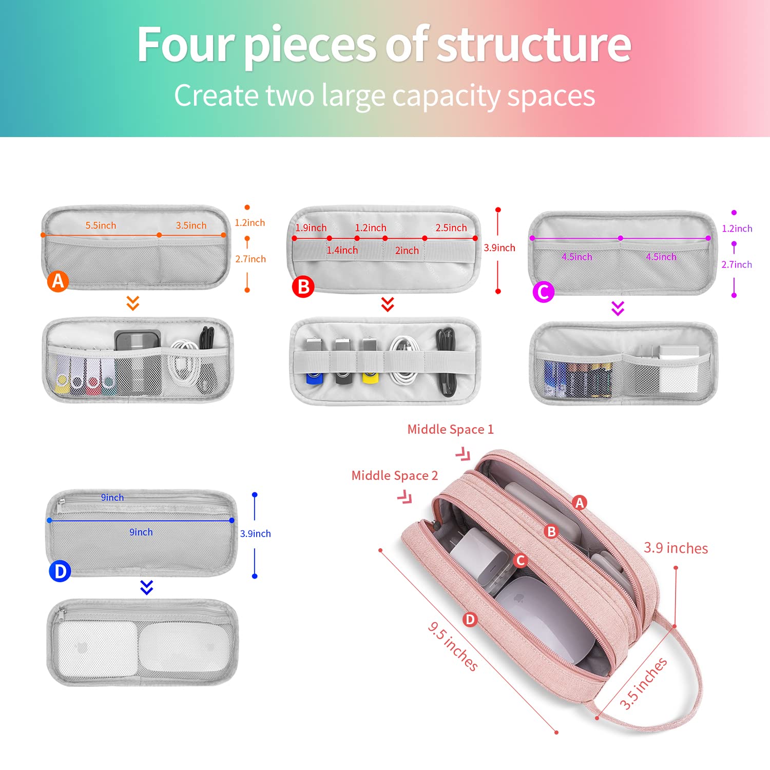 HESTECH Waterproof Electronics Organizer Bag - Pink Medium Double Layer Travel Charger Case for Phone, Mouse, Earbuds, USB Drive - Perfect for Office, Travel & Daily Storage Needs