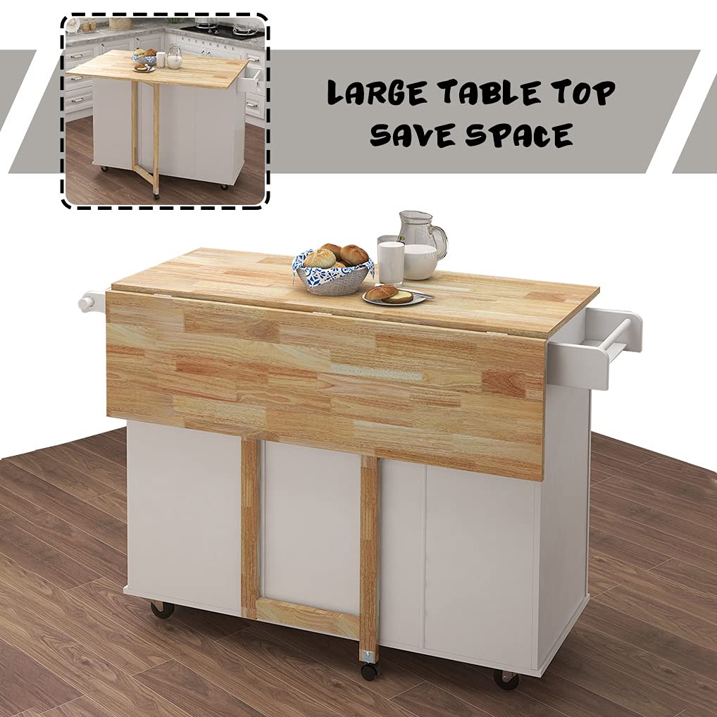 Expandable Solid Wood Kitchen Island with Drop-Leaf Table, Wheels & Storage - White | Large Cabinets, 3 Drawers, Spice Rack & Towel Holder | Perfect for Small Kitchens, Dining Areas & Food Prep Stations