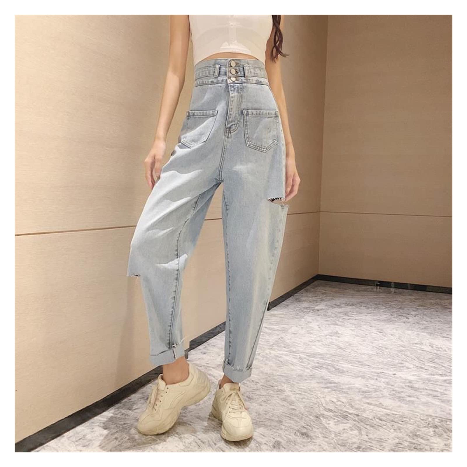 Women's High Waist Ripped Blue Jeans - Loose Straight Leg Denim Pants for Casual Streetwear | Perfect for Everyday Wear, Outings & Fashion Looks (Color: A, Size: L)