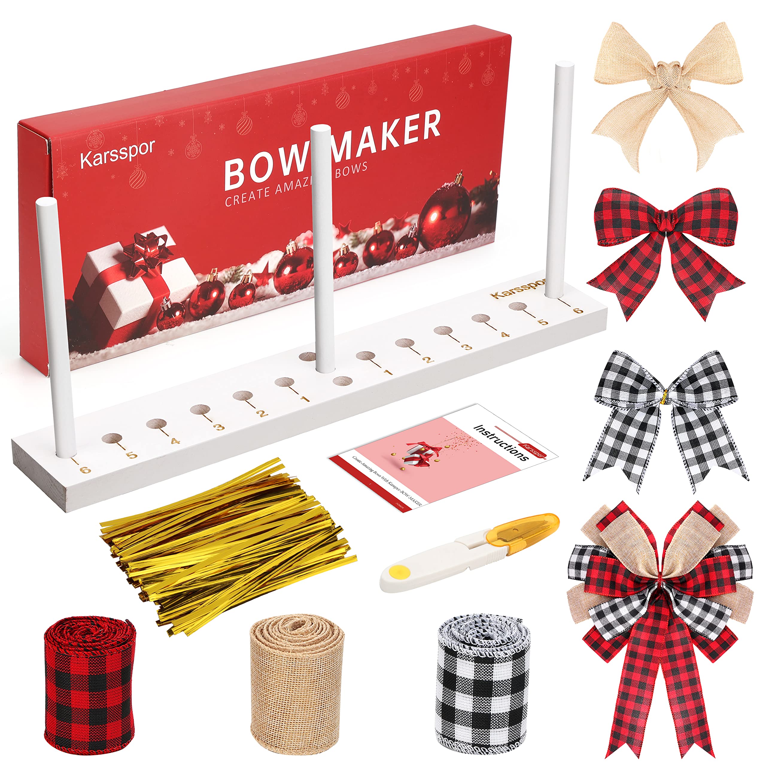Karsspor Bow Maker Tool Kit with 3 Rolls Wired Ribbon - DIY Gift Bows, Wreath Decorations, Wrist Corsages - Perfect for Christmas, Wedding, Party & Holiday Decorations