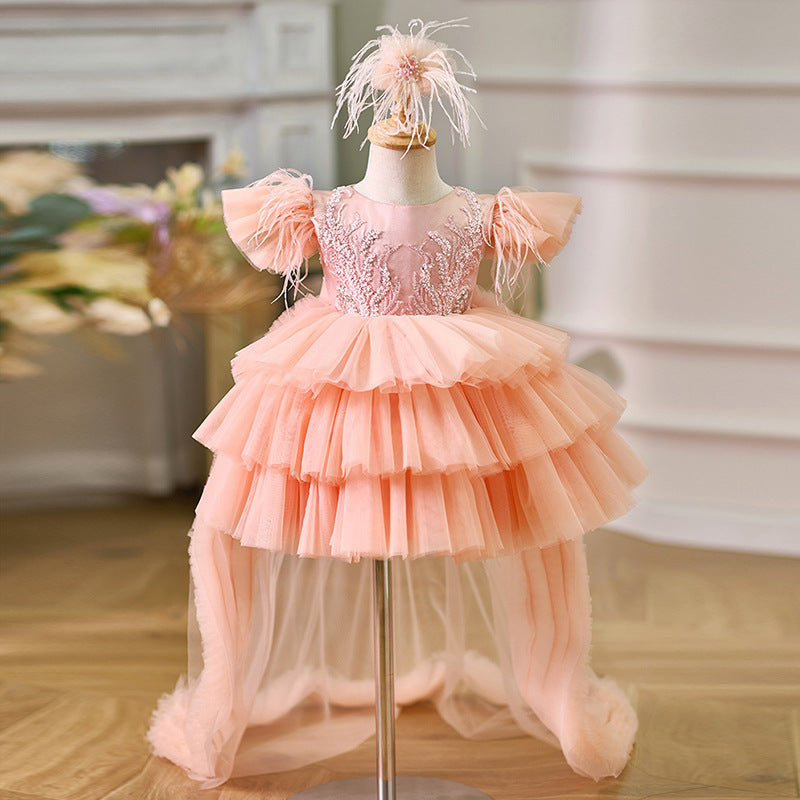 **Elegant Puffy Princess Dress for Girls - Birthday Party Gown with Train - Perfect for Cake Smash, Photo Shoots & Special Occasions**