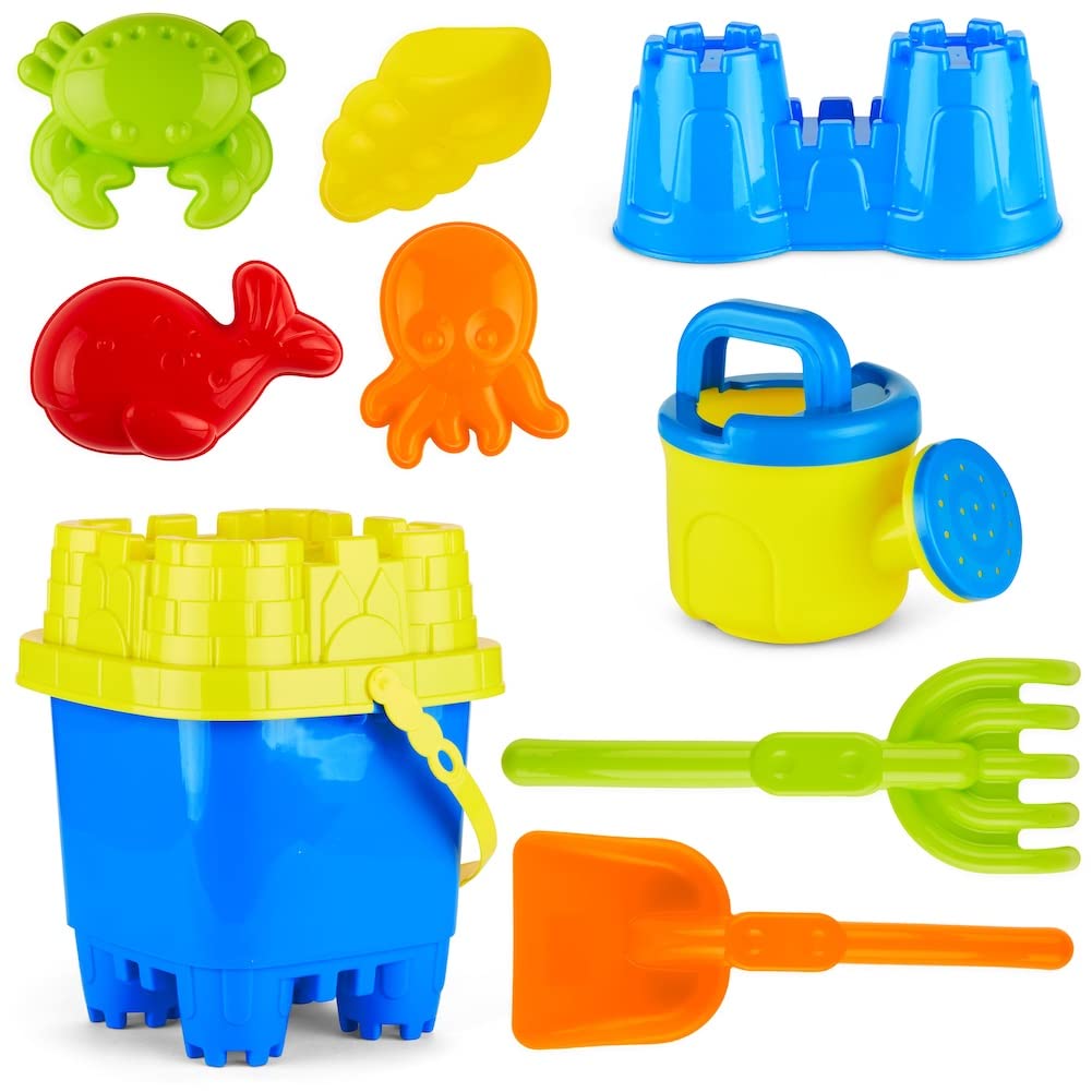 PREXTEX 10 Piece Beach Sand Toys Set for Kids - Bucket with Sifter, Shovel, Rake, Watering Can, 5 Animal and Castle Sand Molds | Fun Outdoor Sandbox & Beach Play Set for Toddlers & Children | Perfect for Beach Vacations, Backyard Sand Play & Summer Activities