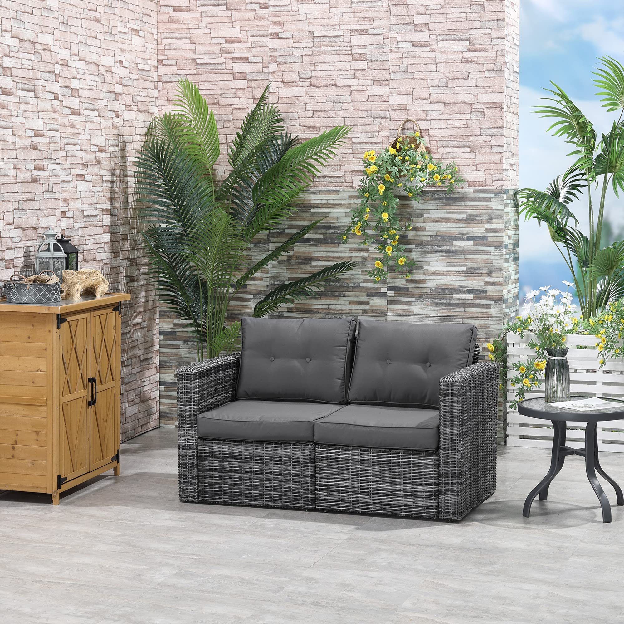 Outsunny 2-Piece Patio Wicker Corner Sofa Set, Outdoor PE Rattan Furniture with Curved Armrests & Thick Padded Cushions - Waterproof & UV Resistant for Balcony, Garden, Lawn, Backyard or Poolside (Gray) - Perfect for Outdoor Relaxation & Entertaining