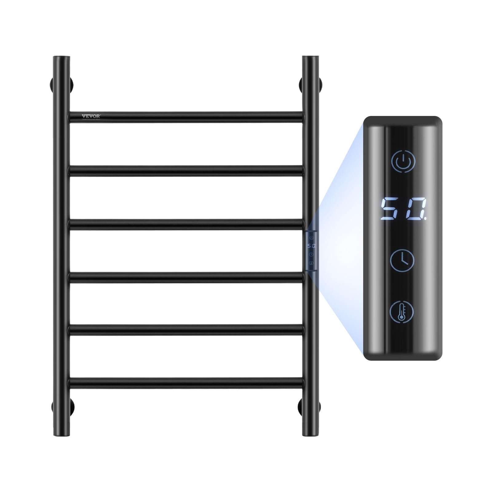 VEVOR 6-Bar Wall Mounted Heated Towel Rack - IPX5 Waterproof Bathroom Towel Warmer with Timer, LED Display & 5 Temperature Settings - Perfect for Spa, Luxury Hotels & Modern Home Bathrooms (Black)
