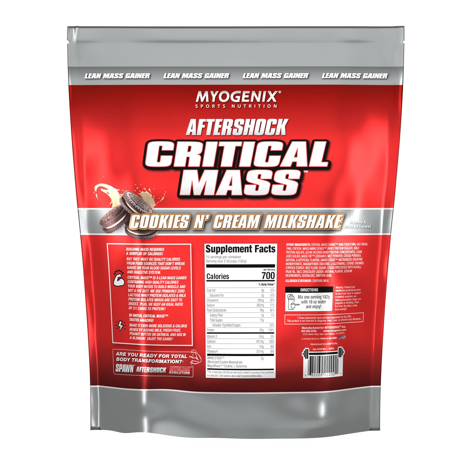 Myogenix Critical Mass - Cookies & Cream Whey Protein Powder for Muscle Gain & Weight Gain, Lactose-Free Anabolic Supplement (6.01 lbs) - Perfect for Post-Workout Recovery & Bodybuilding Nutrition