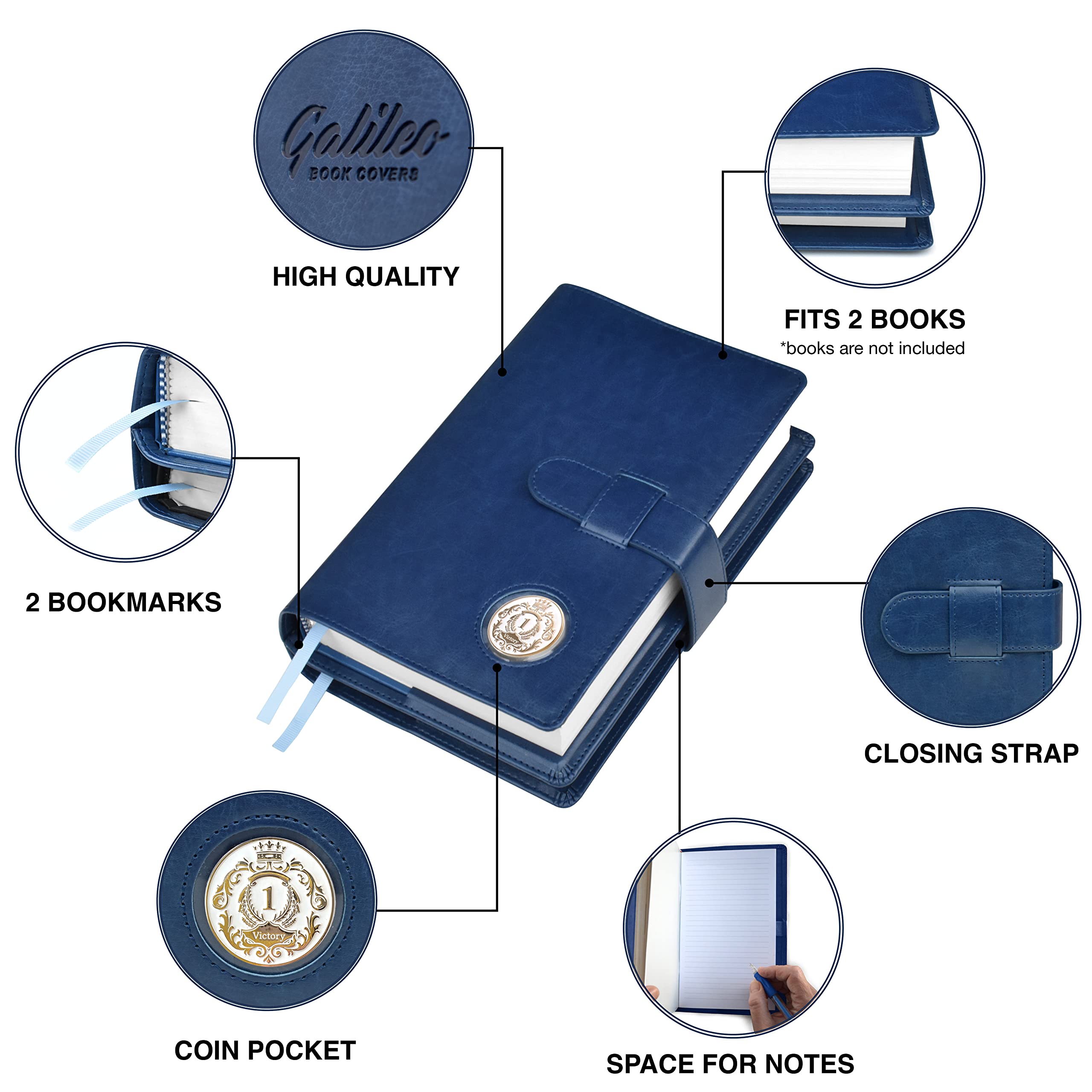 GALILEO® Double AA Big Book Cover with 12 Steps & 12 Traditions - Medallion Holder for Alcoholics Anonymous | Navy Blue with Coin Pocket | Perfect AA Gift for Recovery Meetings & Sobriety Milestones