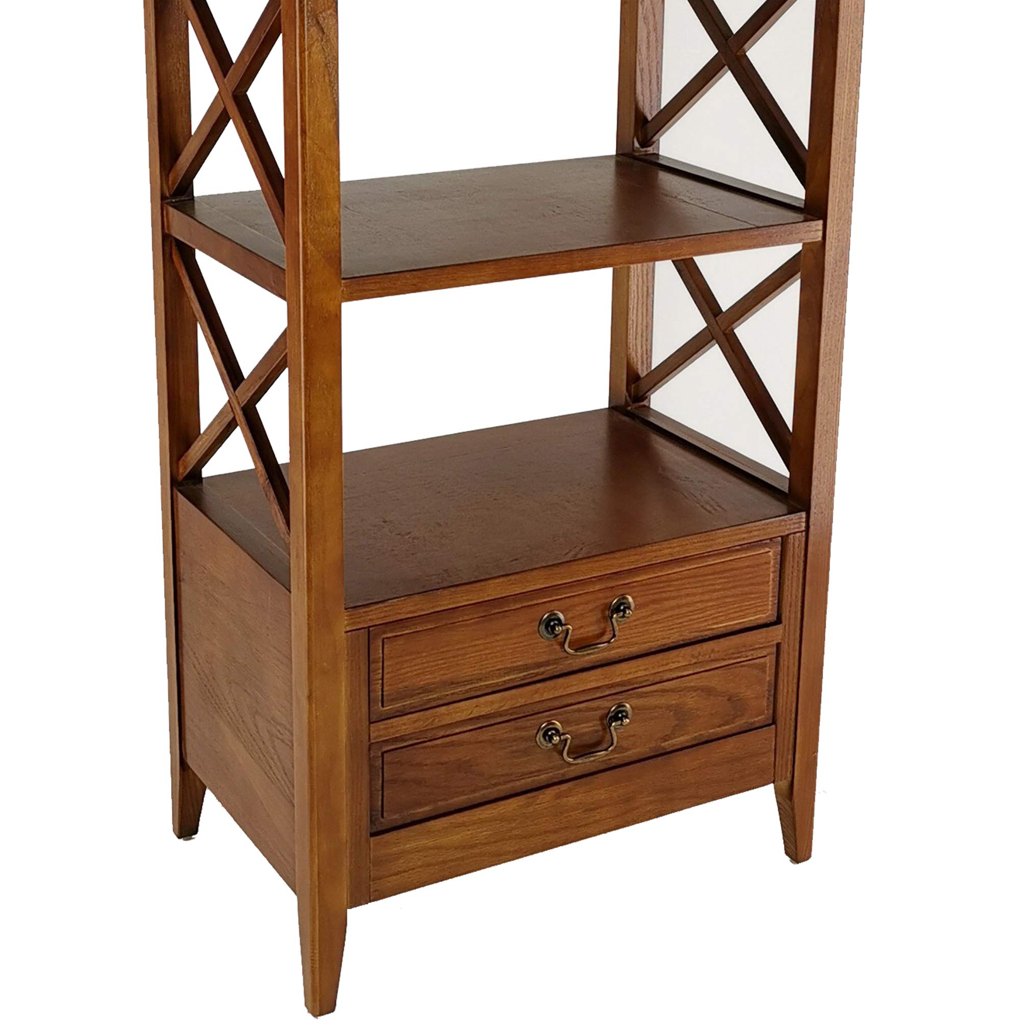 Benjara X Frame Wooden Storage Rack with 2 Drawers & Open Shelf - Stylish Organizer for Living Room, Bedroom, or Office Decor