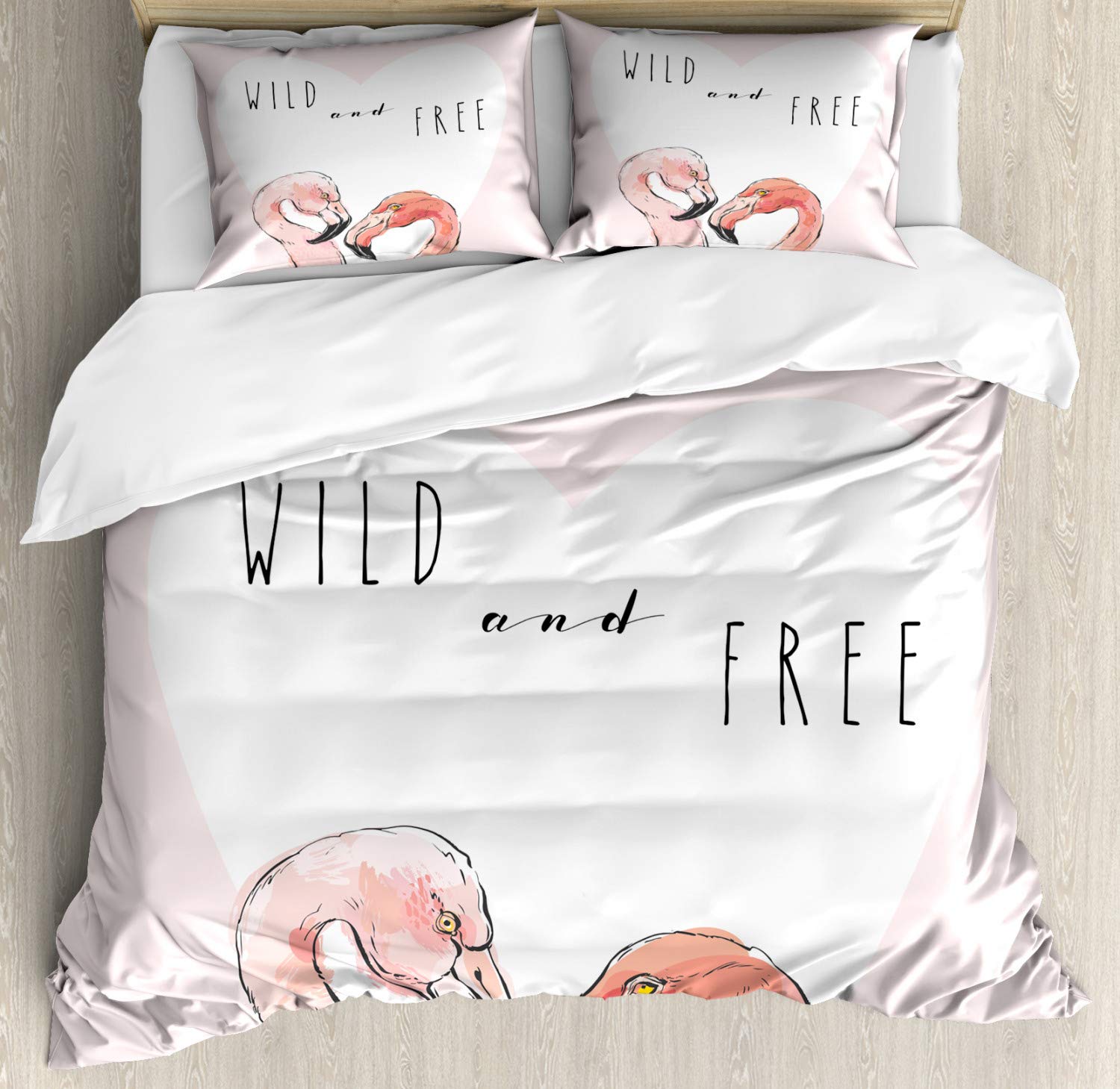 Ambesonne Wild and Free Flamingo Duvet Cover Set - Romantic Pink Flamingos with Heart & Calligraphy, 3-Piece Queen Size Bedding Set with 2 Pillow Shams in Pale Pink Coral | Perfect for Boho Chic Bedroom, Guest Room Decor & Tropical Themed Home