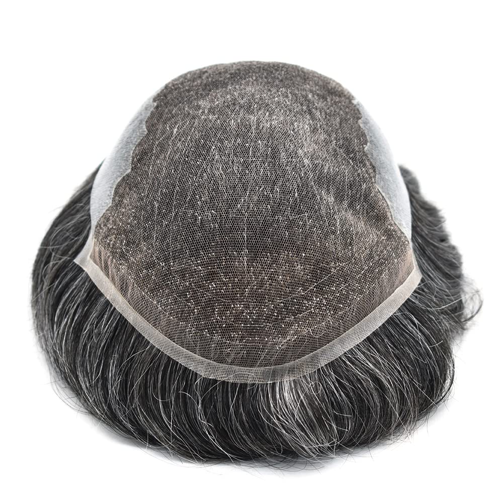 100% European Real Human Hair Toupee for Men - Swiss Lace Front Hairpiece | Bleached Knots | 1B60 Off Black with 60% Gray | 120% Density (7x9 Inch) | Natural Looking Hair Replacement System for Daily Wear & Special Occasions