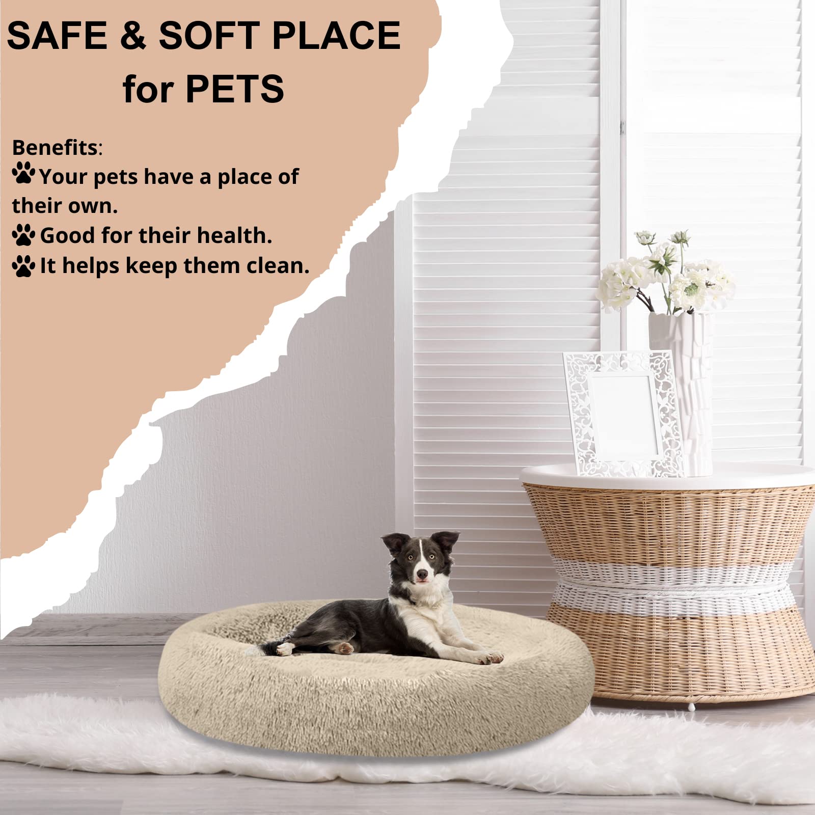 SAVFOX Plush Calming Donut Dog Bed for Small, Medium, Large & X-Large Breeds - Ultra Soft Faux Fur Pet Bed for Dogs & Cats, Machine Washable (Sizes S-XXL) - Perfect for Anxiety Relief, Cuddling & Cozy Napping in Living Room or Bedroom