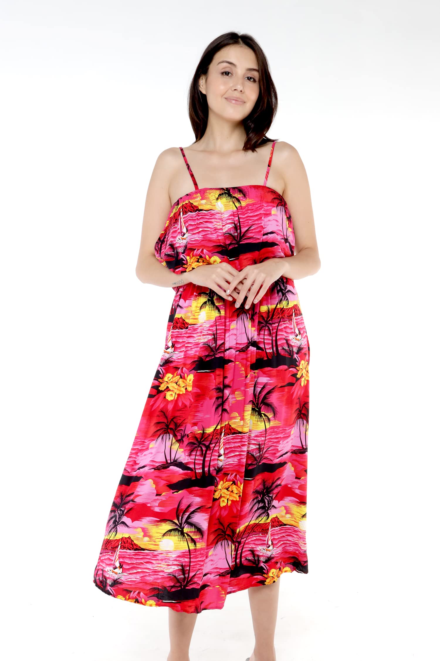 Women's Hawaiian Maxi Dress with Ruffle Hem - Tropical Hibiscus Floral Print - Perfect for Luau Parties, Beach Vacations & Summer Weddings