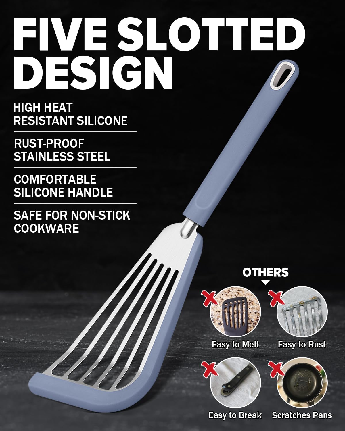 Premium Silicone Fish Spatula Set of 2 - Thin Slotted Nonstick Kitchen Turner for Eggs, Pancakes & Fish - Heat Resistant Flexible Stainless Steel Cooking Utensils - Perfect for Grilling, Frying & Baking at Home