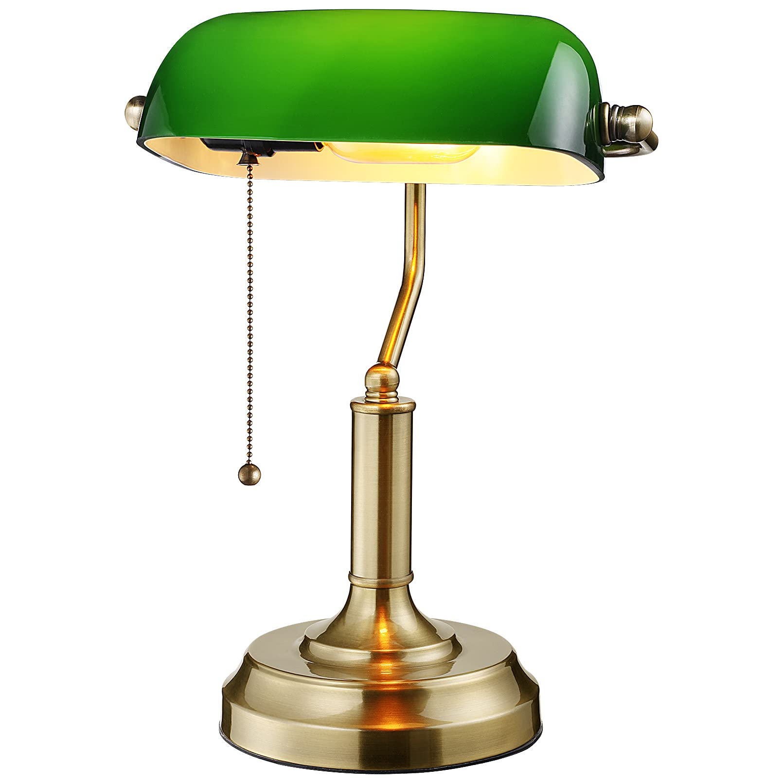 TORCHSTAR Vintage Green Glass Bankers Desk Lamp - UL Listed Antique Office Lamp with Brass Base & Pull Chain - E26 Socket Traditional Library Lamp for Study, Home Office, Reading Nook & Bedroom Lighting