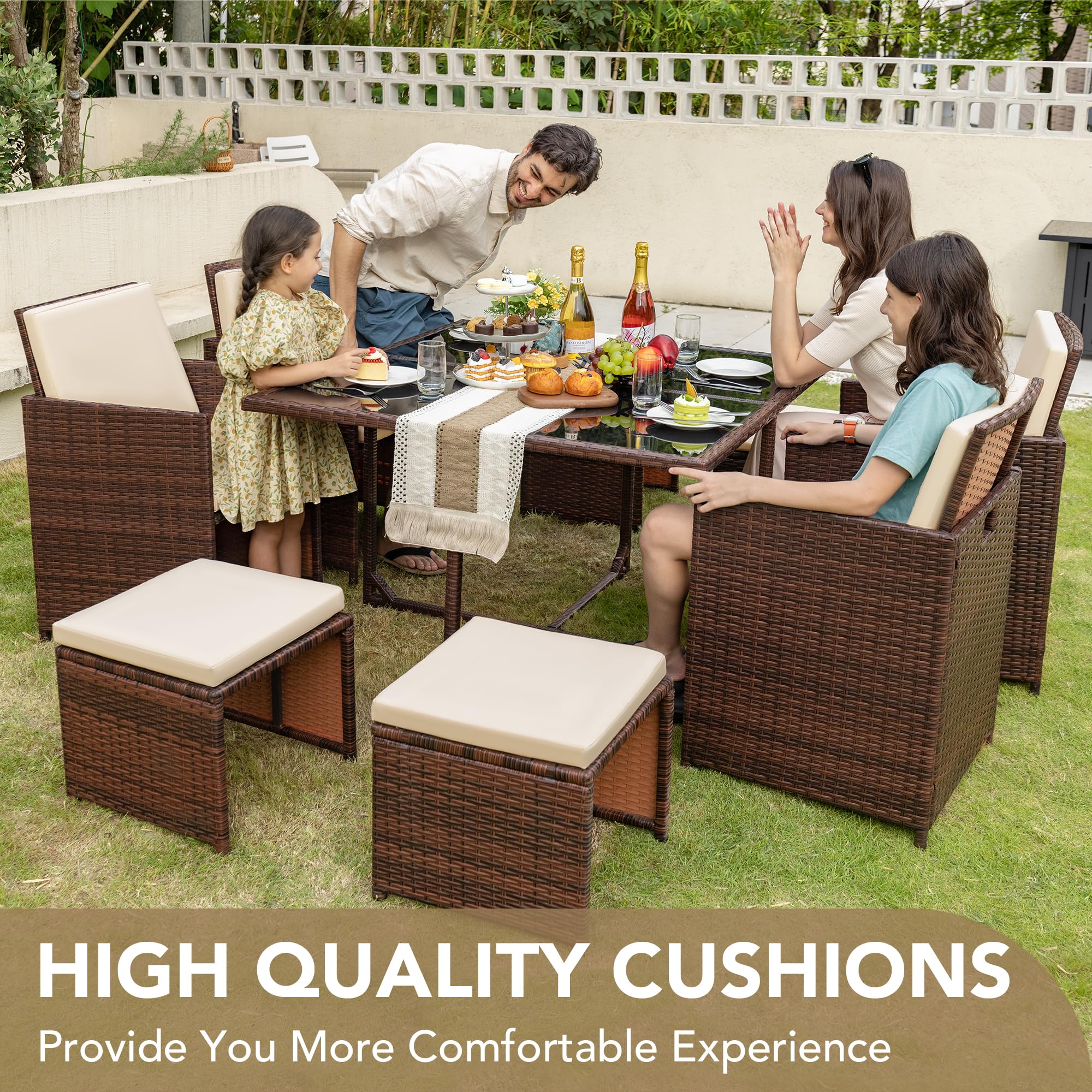 Devoko 9-Piece Outdoor Patio Dining Set - Space-Saving Rattan Chairs with Tempered Glass Table, Cushioned Seating & Backrest - Beige Sectional Conversation Set for Garden, Poolside & Backyard Relaxation