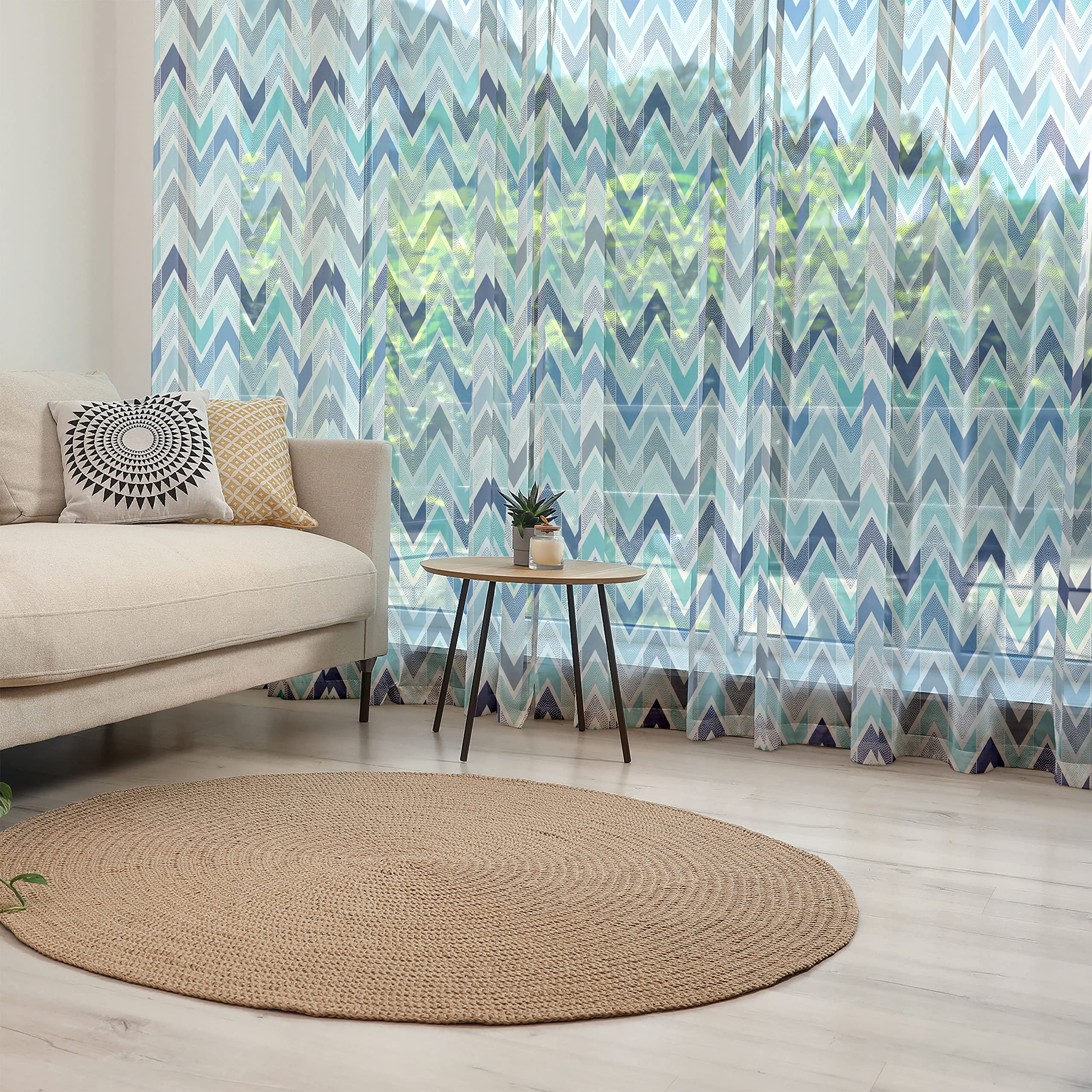 Ambesonne Modern Tulle Curtains with Rod Pocket - Blue and White Doodle Style Dots & Zigzag Pattern Sheer Drapes (108