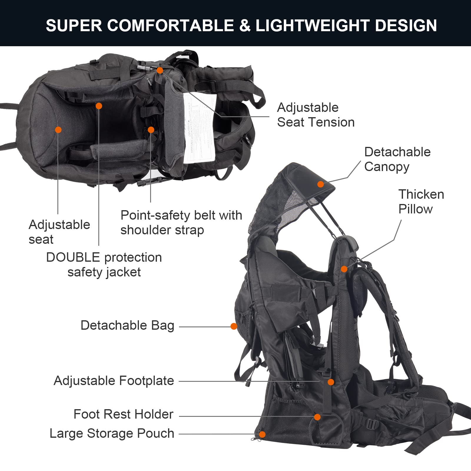 Baby Backpack Carrier for Hiking & Camping - Adjustable Padded Toddler Carrier with Rain Cover, Sun Shade & Large Storage Pockets | Safe Child Carrier for Outdoor Adventures, Travel & Daily Use