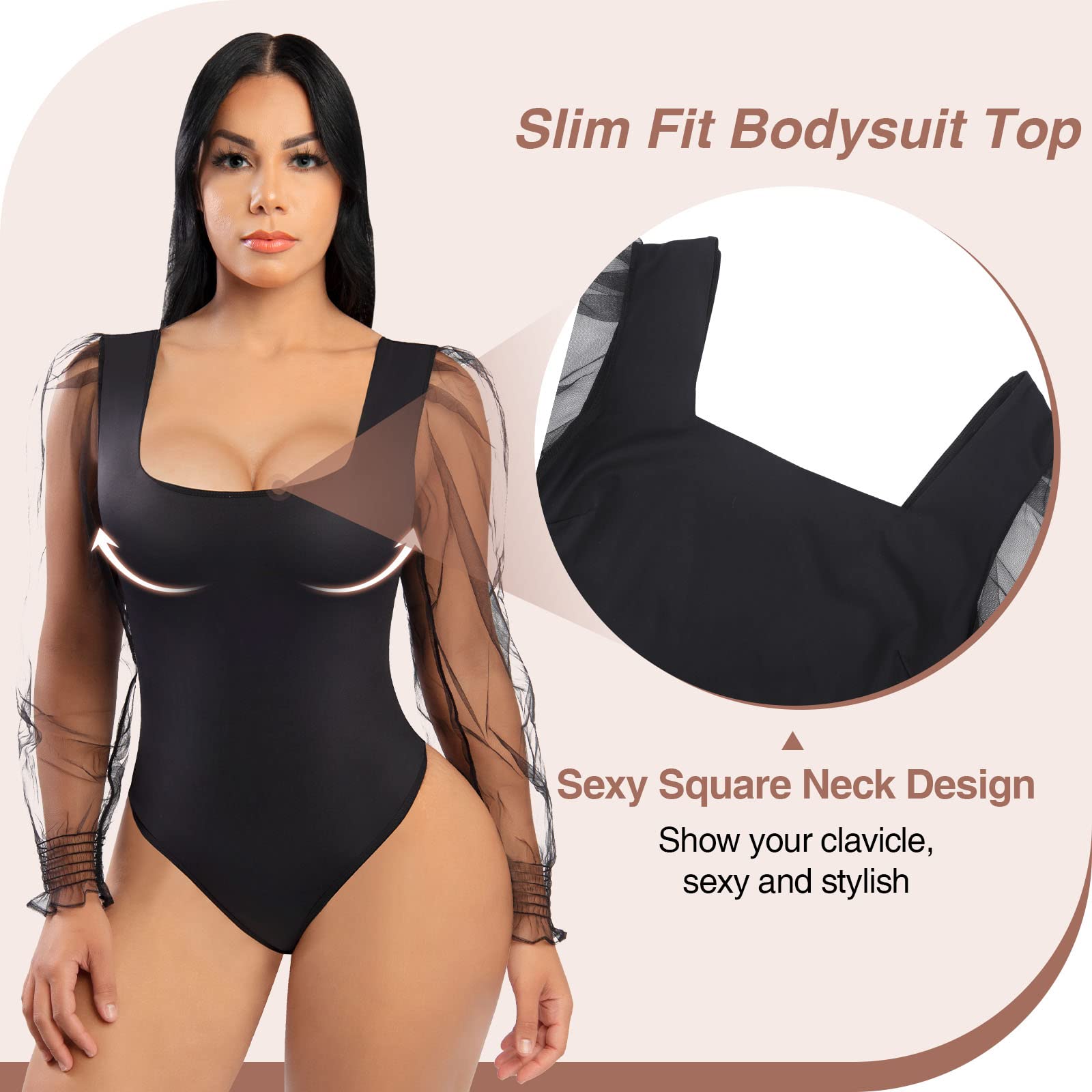FeelinGirl Women's Tummy Control Seamless Bodysuit - Long Puff Sleeve Fashion Thong Top for Shapewear & Layering | Perfect for Office Wear, Date Nights & Special Occasions