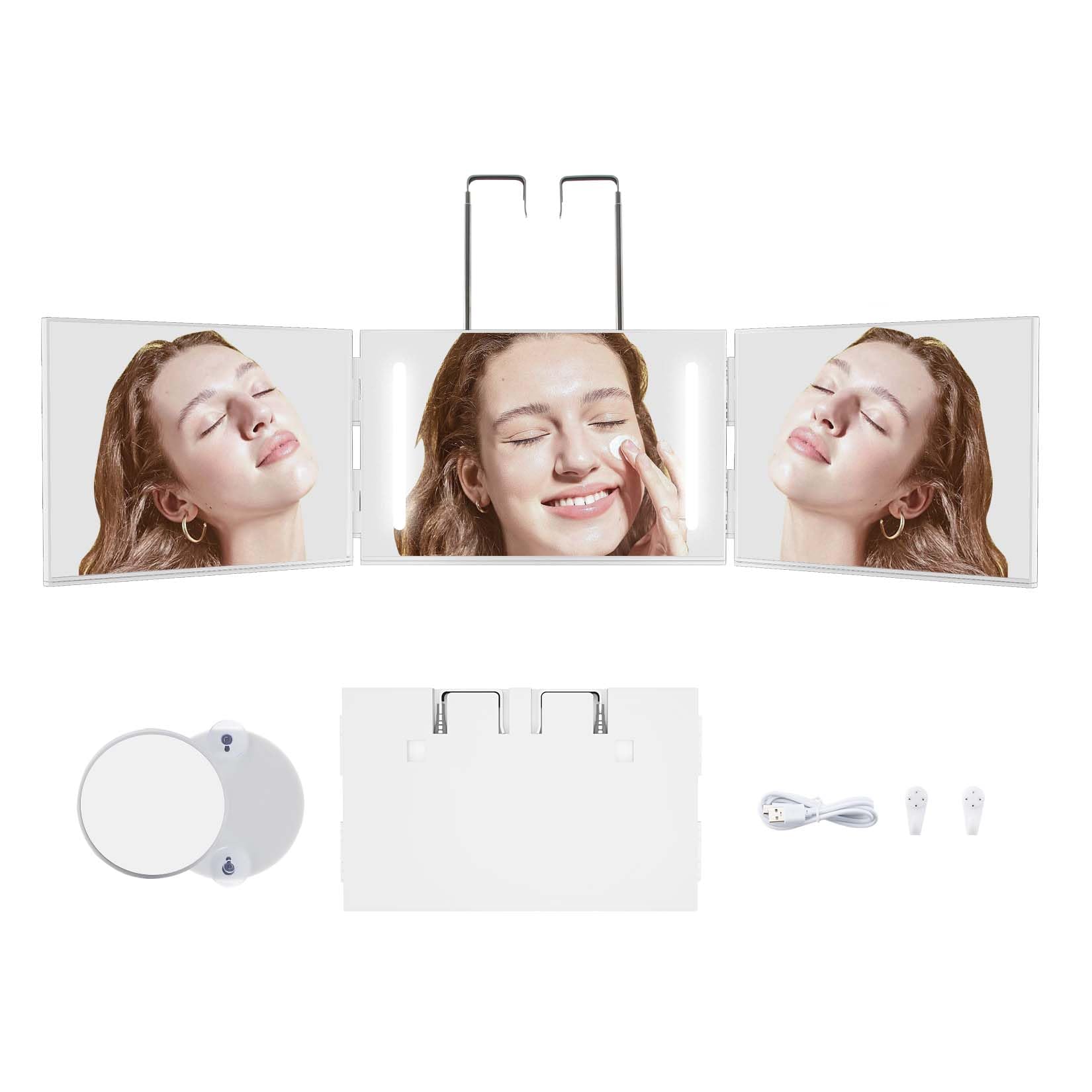 Essbhach 3-Way Adjustable LED Mirror - 360° Rotating Vanity & Barber Mirror for Women & Men, Height-Adjustable Wall Mount with Hooks - Perfect for Salon, Bathroom & Home Makeup Station