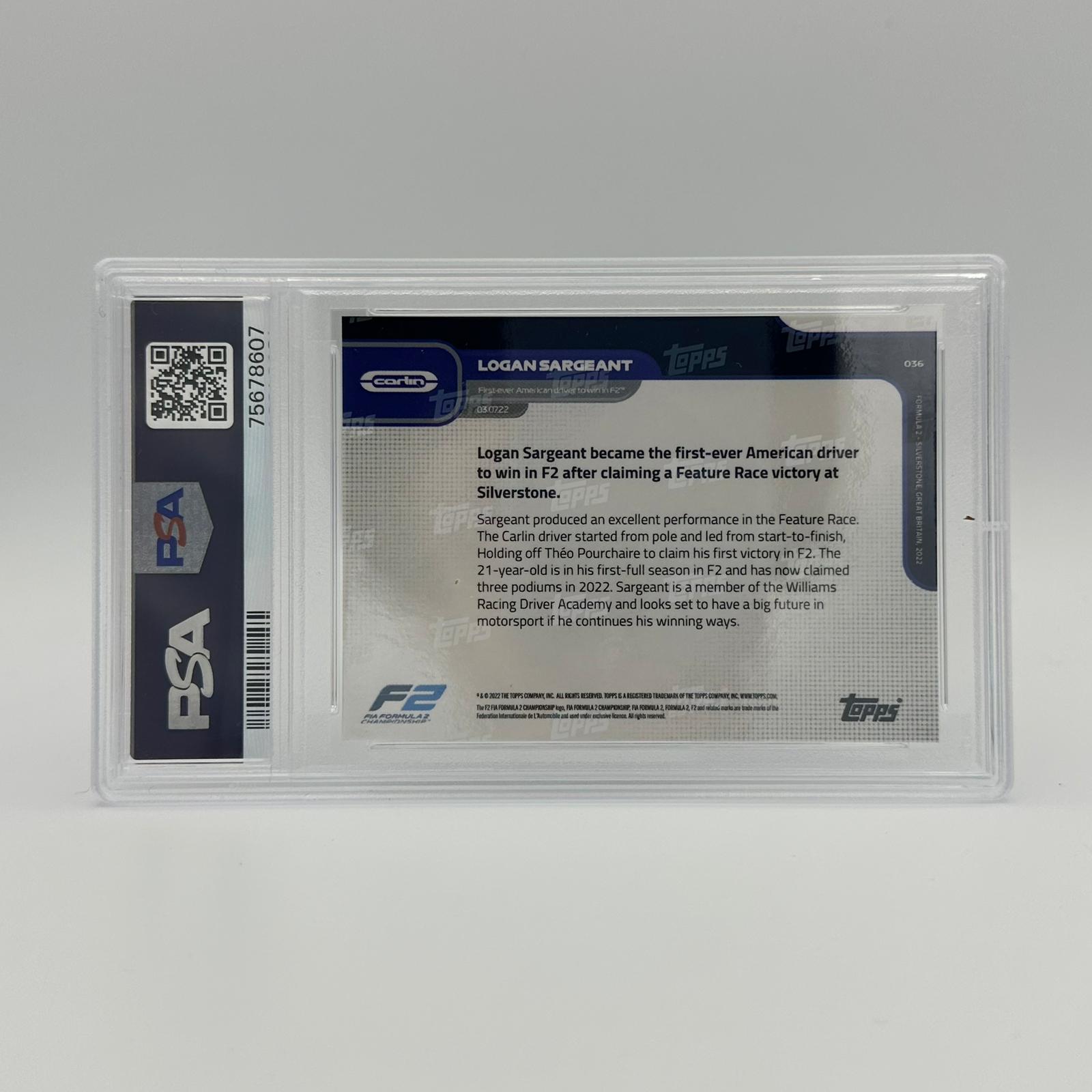 PSA 10 Logan Sargeant 1/1 First American F2 Champion #036 Gold Parallel - Rare Racing Collectible for F1 Fans & Sports Memorabilia Enthusiasts