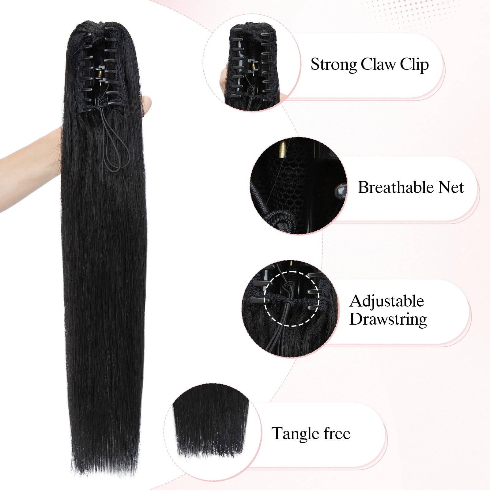 22 Inch #1 Natural Black Human Hair Clip-In Ponytail Extension - 120g Long Straight Real Hair Ponytail with Claw Clip for Women | Perfect for Daily Wear, Parties & Special Occasions