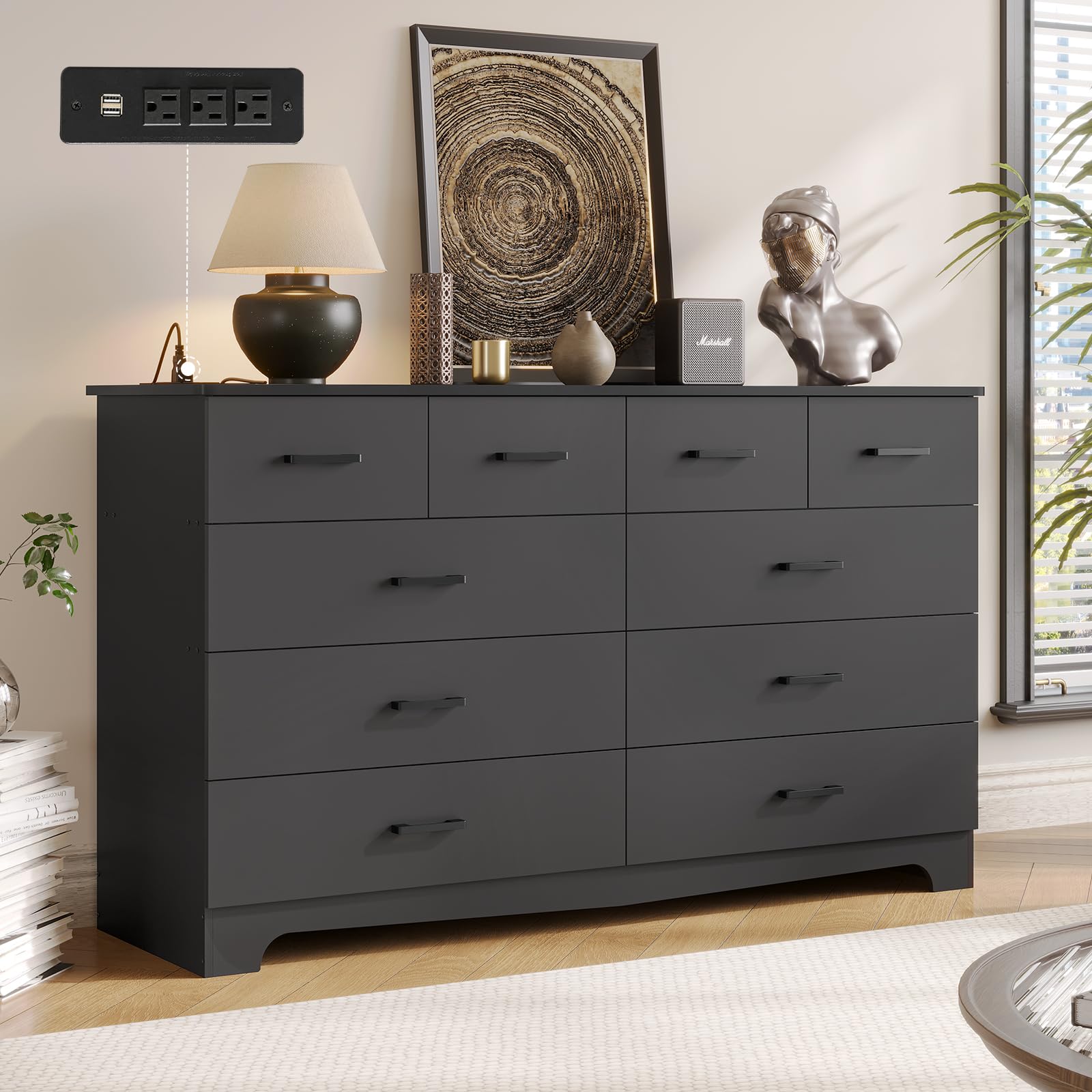 DICTAC 10-Drawer Black Dresser for Bedroom - Large Storage Chest Organizer with Power Outlets, 55.1