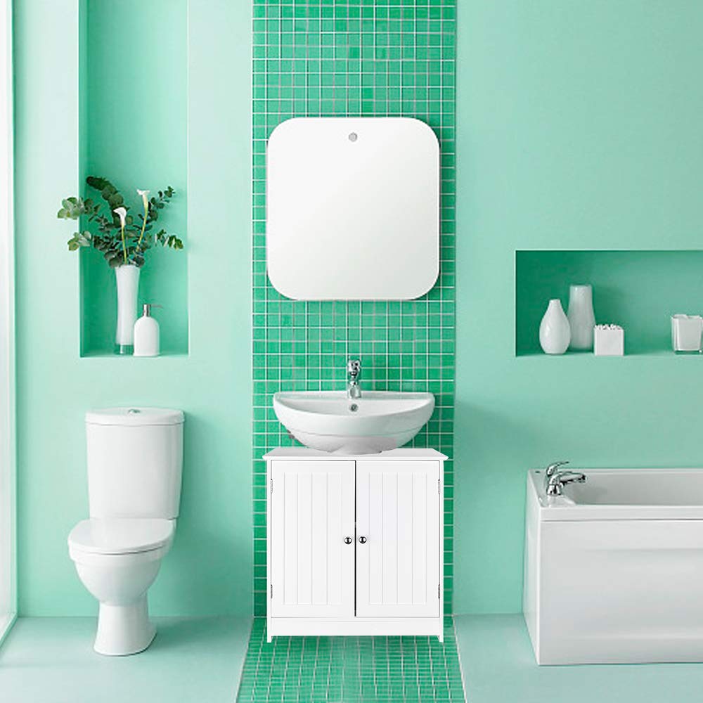 White Wooden Freestanding Pedestal Sink Storage Cabinet with Double Doors & Adjustable Shelves - Bathroom Organizer Space Saver for Small Bathrooms, Powder Rooms & Vanity Areas - Perfect for Towel Storage, Toiletries & Bathroom Essentials