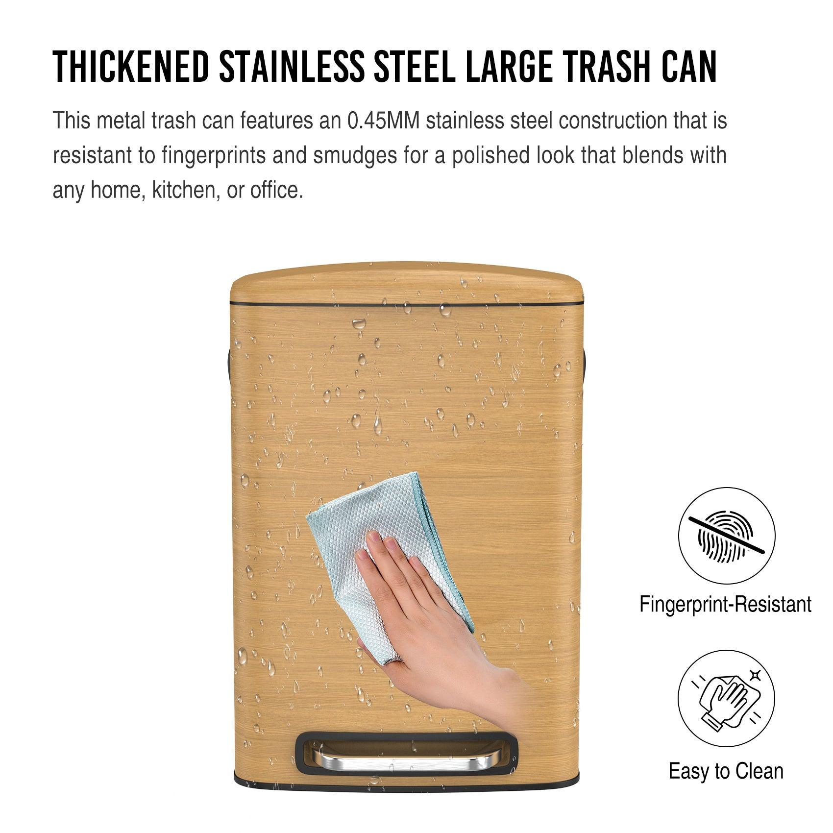 13 Gallon 50L Stainless Steel Rectangular Trash Can with Foot Pedal - Soft Close Lid, Wood Texture Design - Includes 30 Garbage Bags - Perfect for Kitchen, Office, or Bathroom Waste Disposal