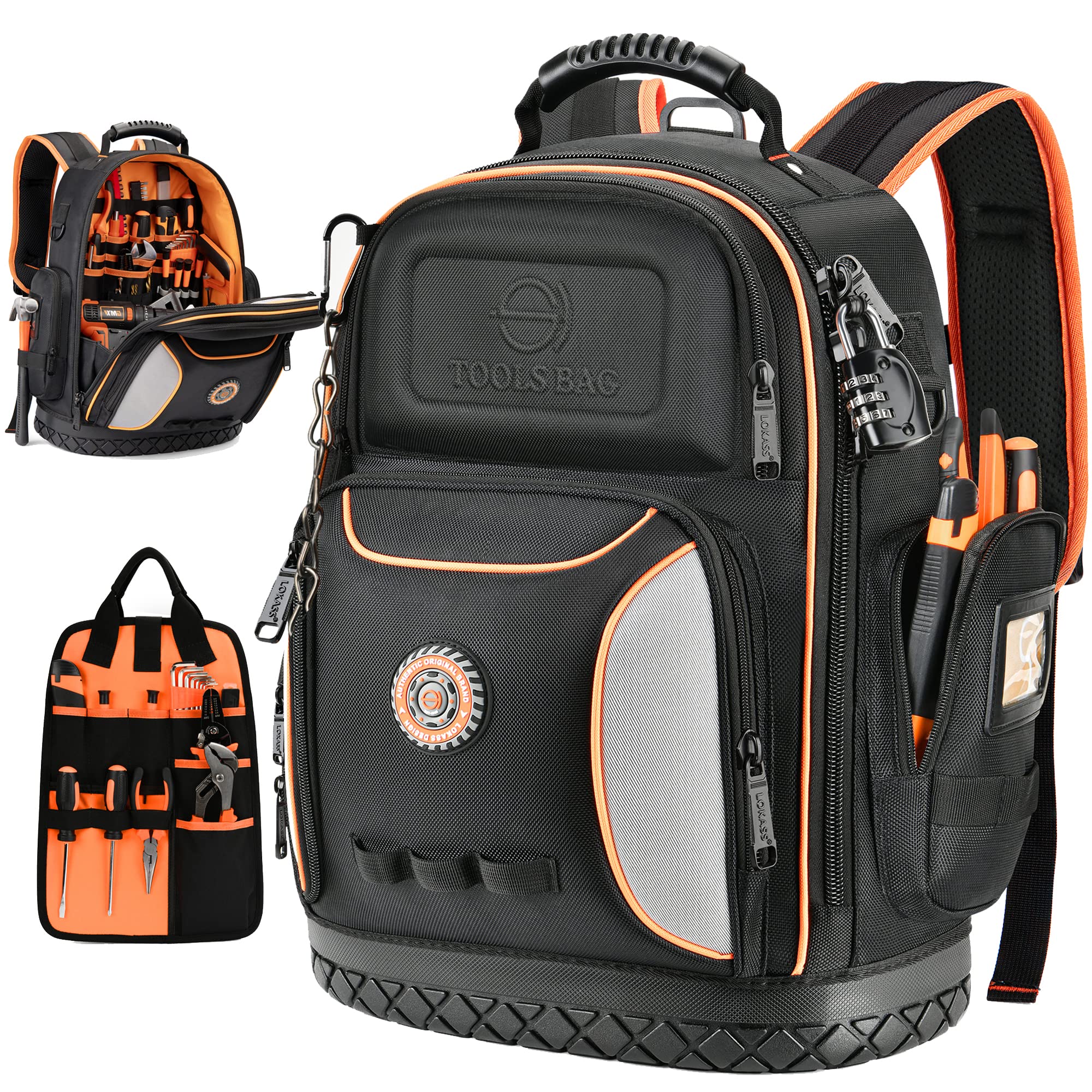 Heavy Duty Tool Bag Backpack - 75 Pockets & Loops for Electricians, HVAC & Construction Work | Large Black & Orange Organizer with Molded Base & Combination Lock | Perfect for Job Sites, Home Repairs & Professional Tool Storage