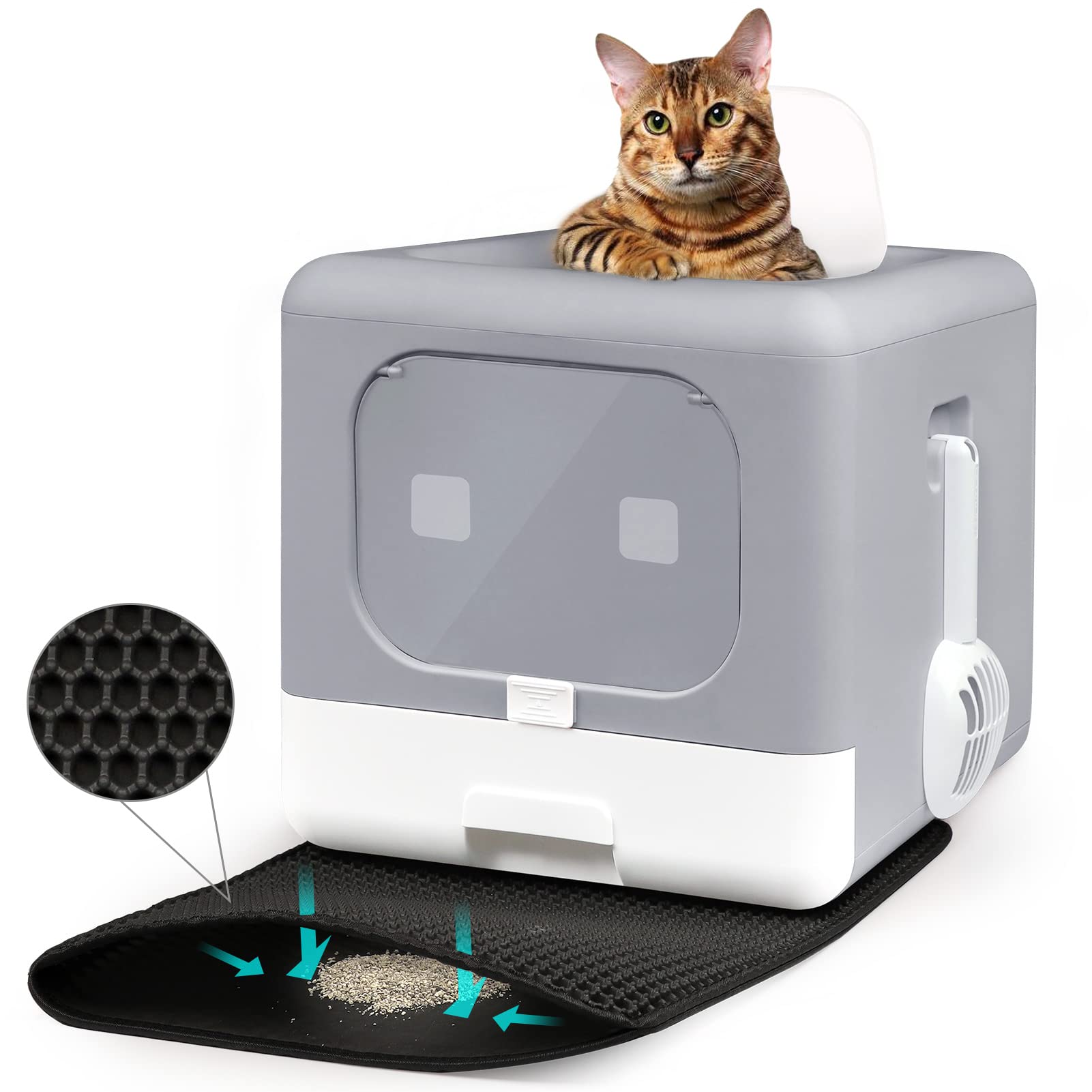 Enclosed Hooded Cat Litter Box with Drawer Design & Anti-Splash Mat - Odorless Large Space for 15 lb Cats - Includes Scoop & Easy to Clean - Perfect for Small Apartments & Multi-Cat Homes