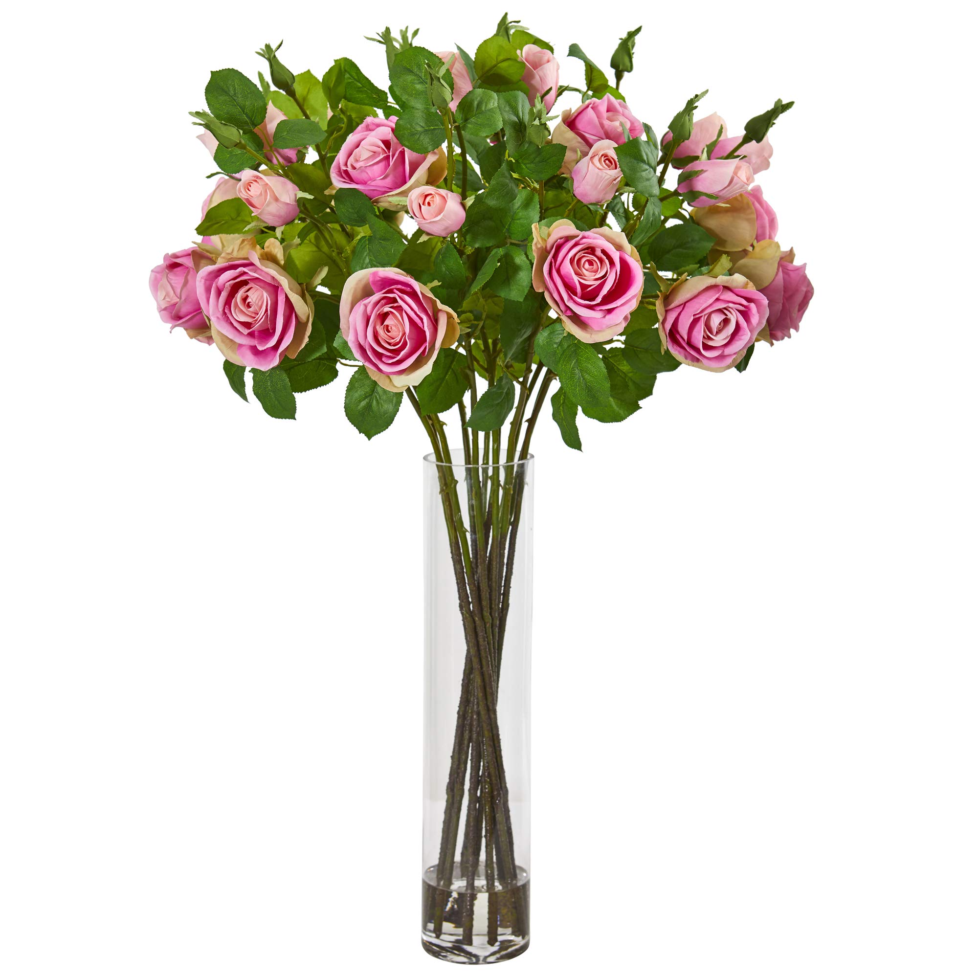Nearly Natural Pink Rose Artificial Silk Flower Arrangement in Cylinder Vase - Perfect for Home Decor, Wedding Centerpieces & Office Desk Decorations