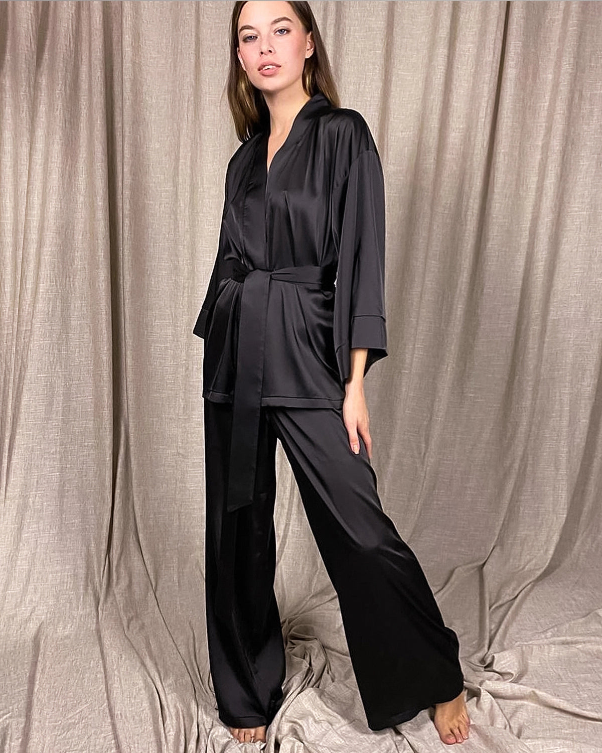 Luxury Classic Silk Robe and Pajama Pants Set for Women - Elegant Loungewear for Home Relaxation & Bridal Nightwear