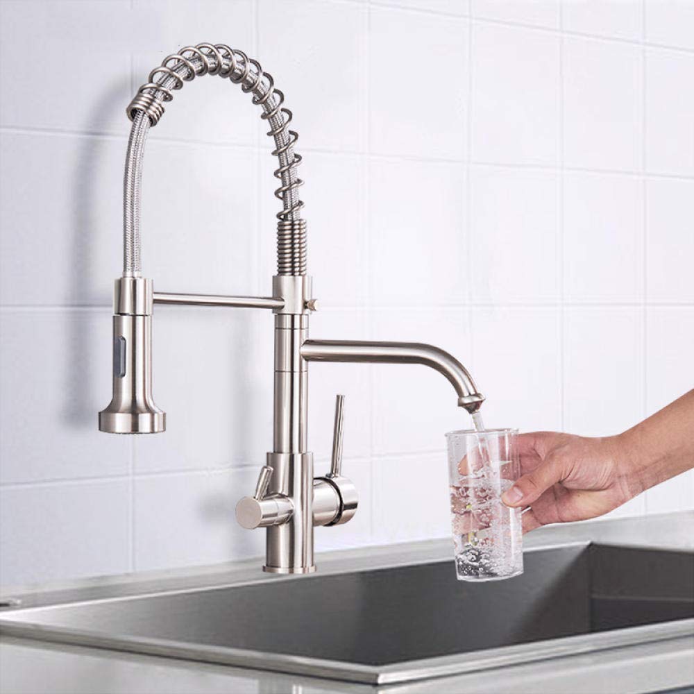 360° Rotating Brass Kitchen Faucet with Pull Down Sprayer - Double Handle Hot & Cold Water Mixer Tap for Sink - Perfect for Modern Kitchens, Bar Sinks, and RV Use