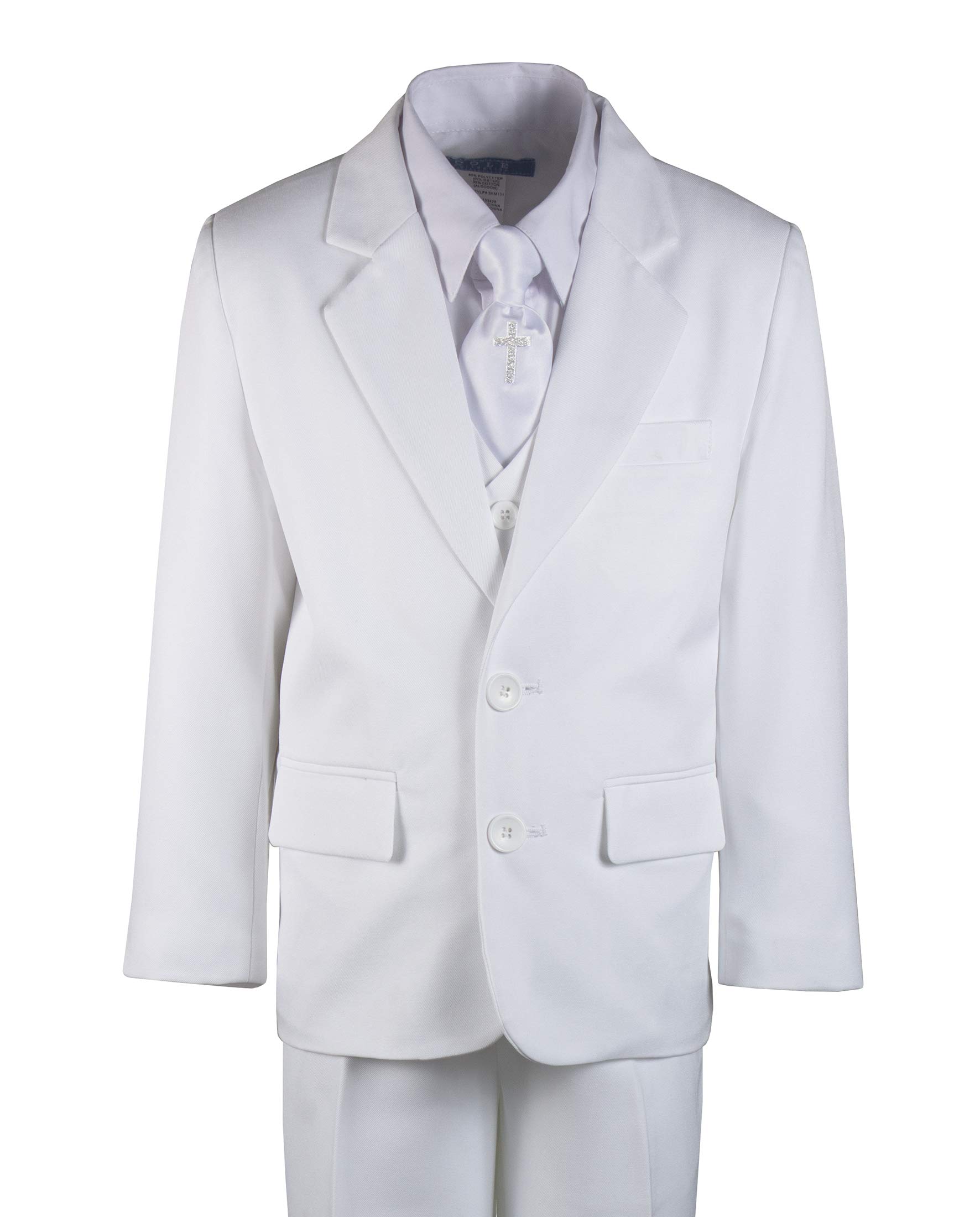 Boys First Holy Communion White Suit with Cross Neck Tie - Formal Church Outfit for Religious Ceremonies & Special Occasions