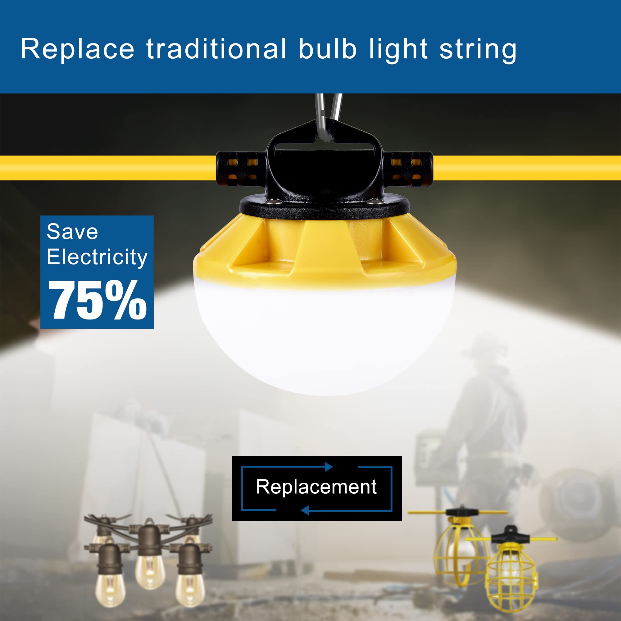 50FT Construction String Lights - IP65 Waterproof, ETL Certified LED Work Lights, 5000K Daylight, 18AWG Wire, Linkable Temporary Lighting for Jobsite with 5 Bulbs & Hooks - Perfect for Construction Sites, Backyard Parties, and Outdoor Events