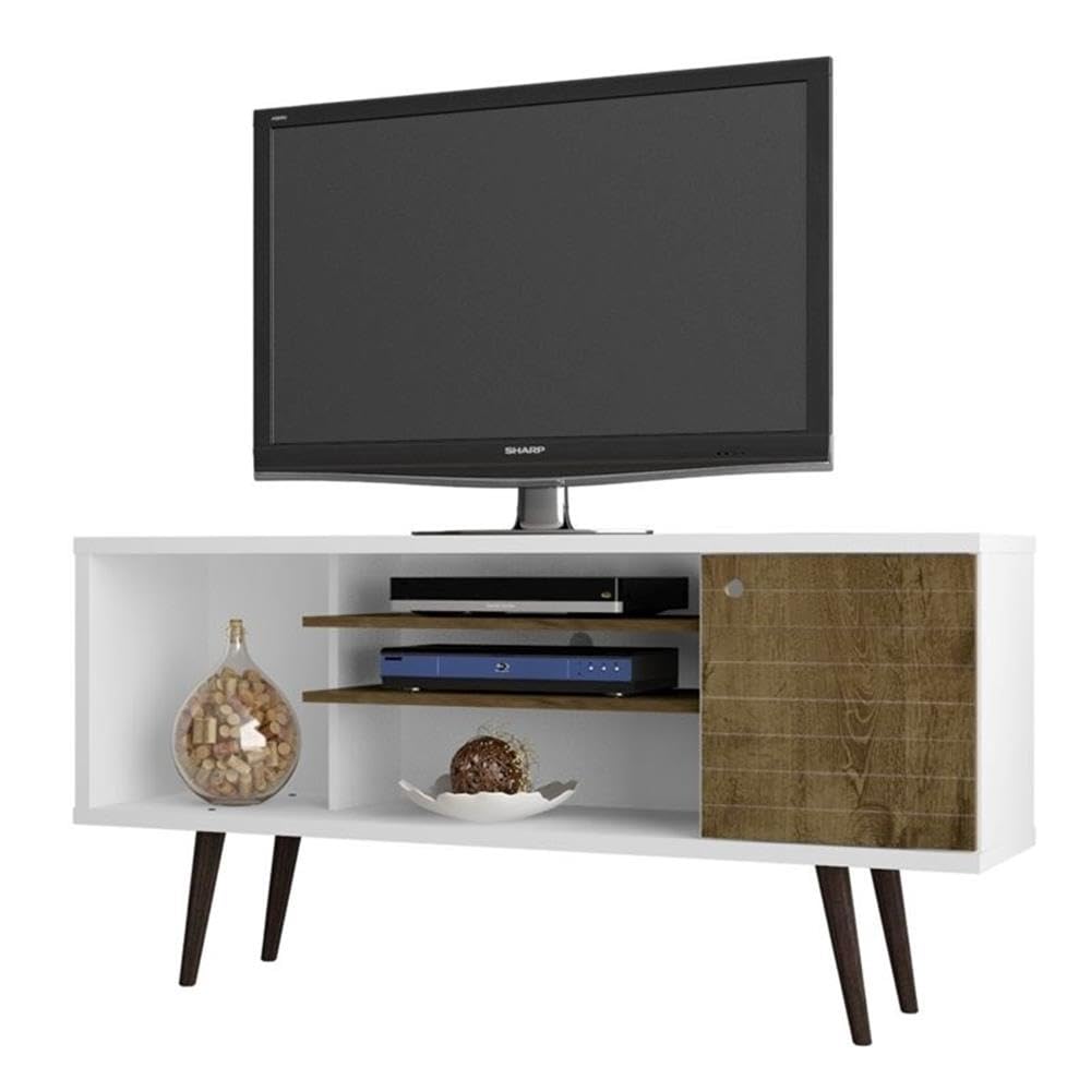 BOWERY HILL 3-Shelf Solid Wood TV Stand for TVs up to 50 Inches - White/Brown Finish - Perfect for Living Room, Bedroom & Home Entertainment Center