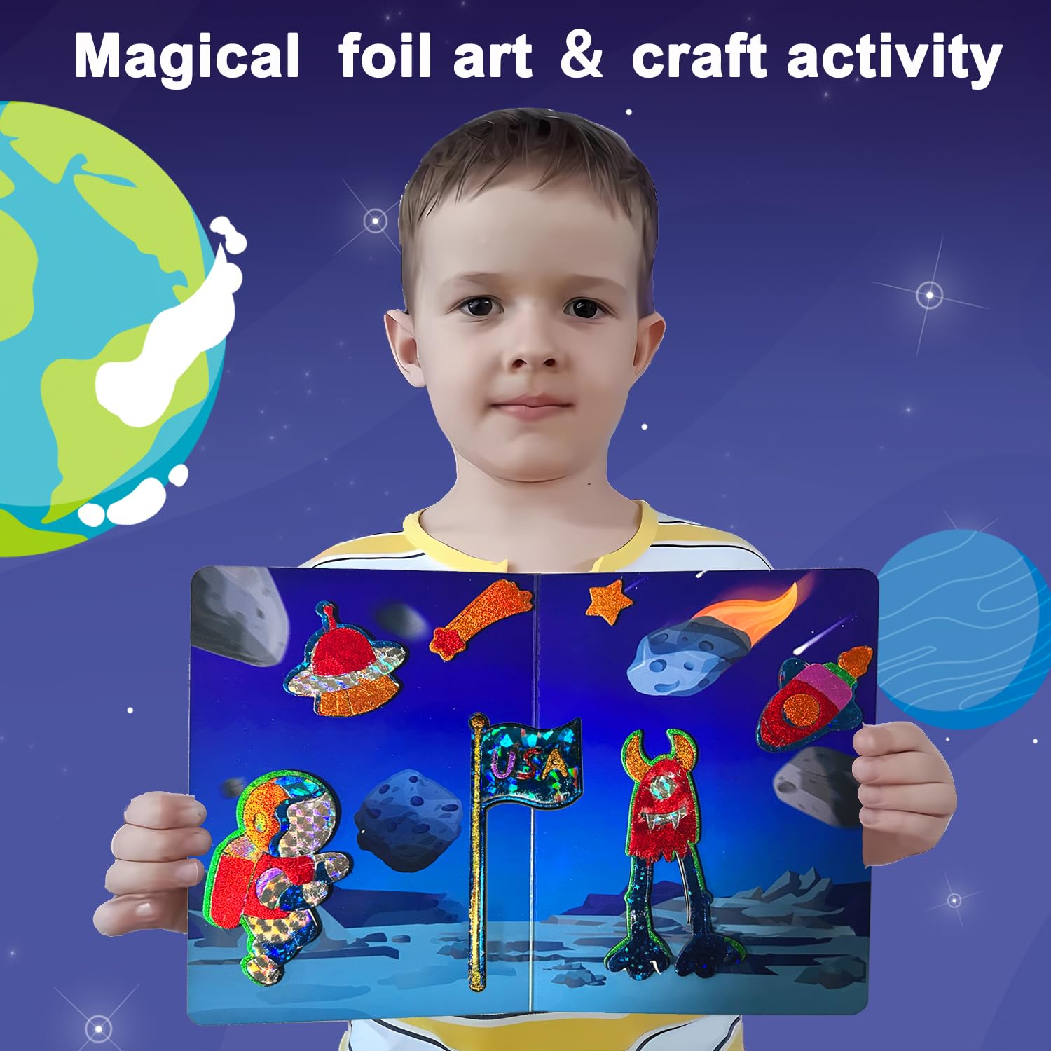 FIDRTH Space Themed Foil Art Kit for Kids - No Mess DIY Sticker Craft Activity, Creative Paper Art Supplies for Ages 4-9, Perfect Travel Toy & Birthday Gift for Boys and Girls - Fun for Home, Classroom & Road Trips