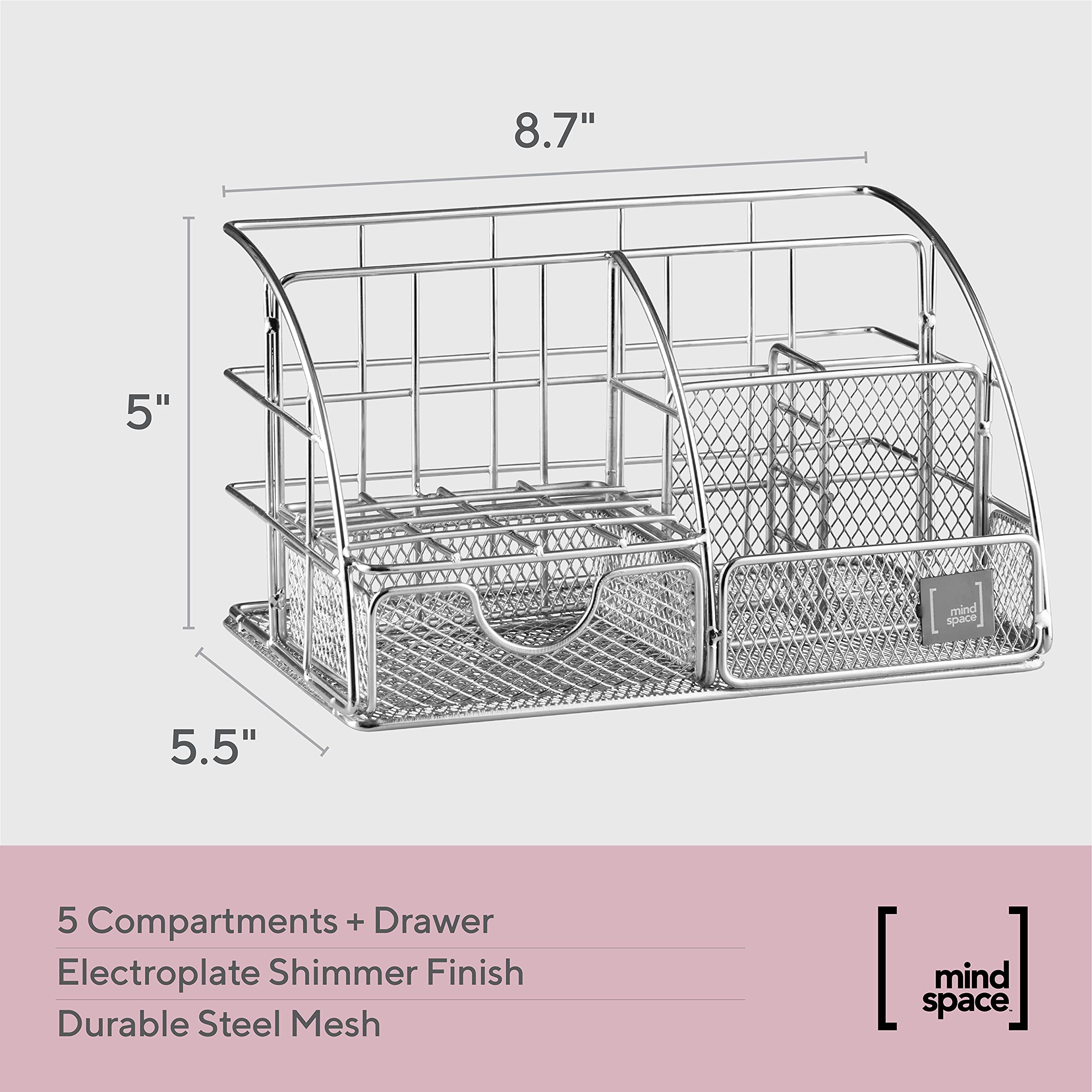 Mindspace Small Office Organizer - 5-Compartment Mesh Desk Caddy with Sliding Drawer | Includes Paper Clips & Binder Clips | Chrome Wire Collection | Perfect for Home Office, Workspace & Desk Organization