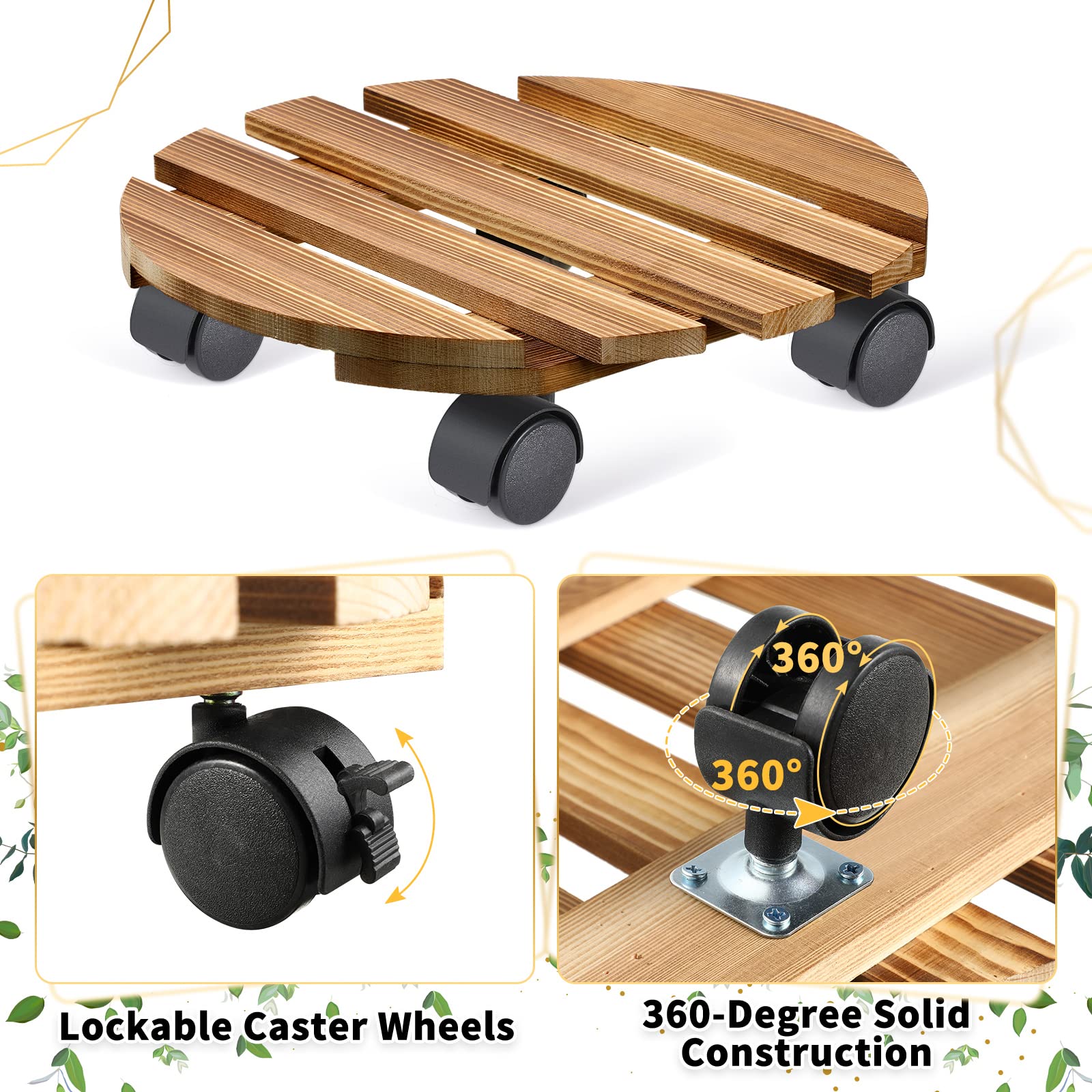 4-Piece Heavy Duty Wooden Plant Caddy with Wheels - Lockable Rolling Plant Stand for Indoor, Outdoor, Patio Use - 12 Inch Round Plant Dolly for Large Potted Plants - Perfect for Moving Heavy Planters in Gardens, Balconies & Greenhouses