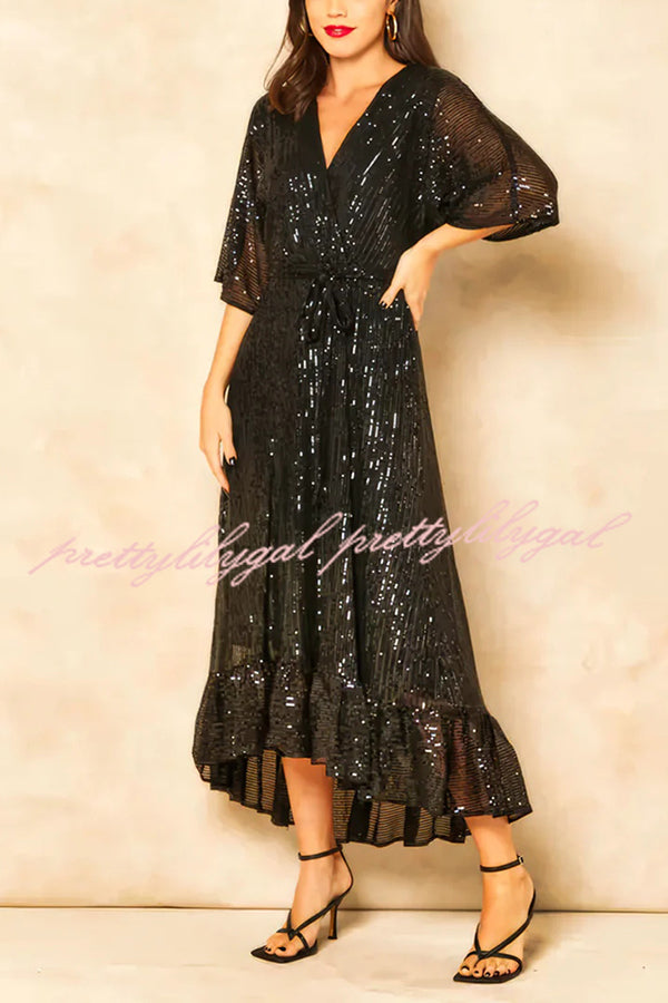 Elegant Solid Color Sequined V-Neck Waist Tie Loose Maxi Dress for Women - Perfect for Evening Parties, Weddings & Special Occasions