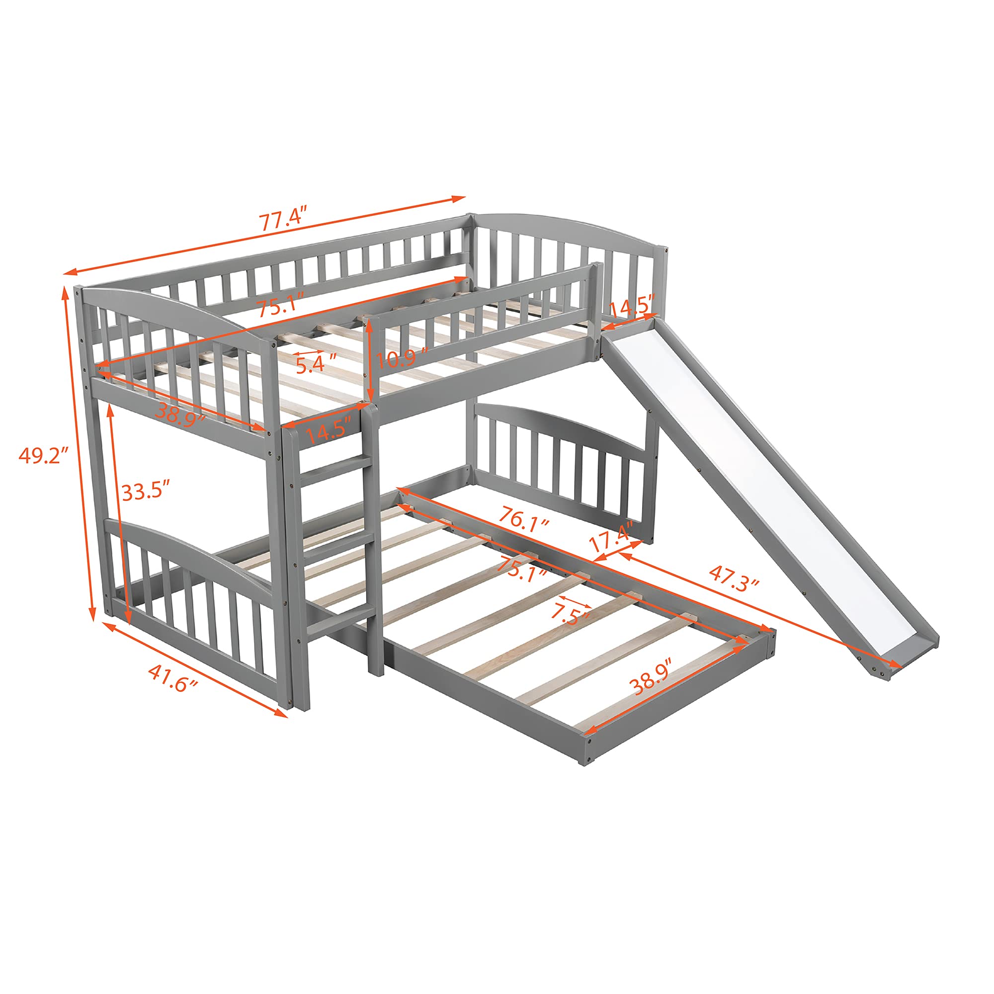 Knocbel Twin Size Loft Bed with Floor Platform - Sturdy Wooden Bunk Bed Frame with Guardrails, Reversible Slide & Ladder - 77.4