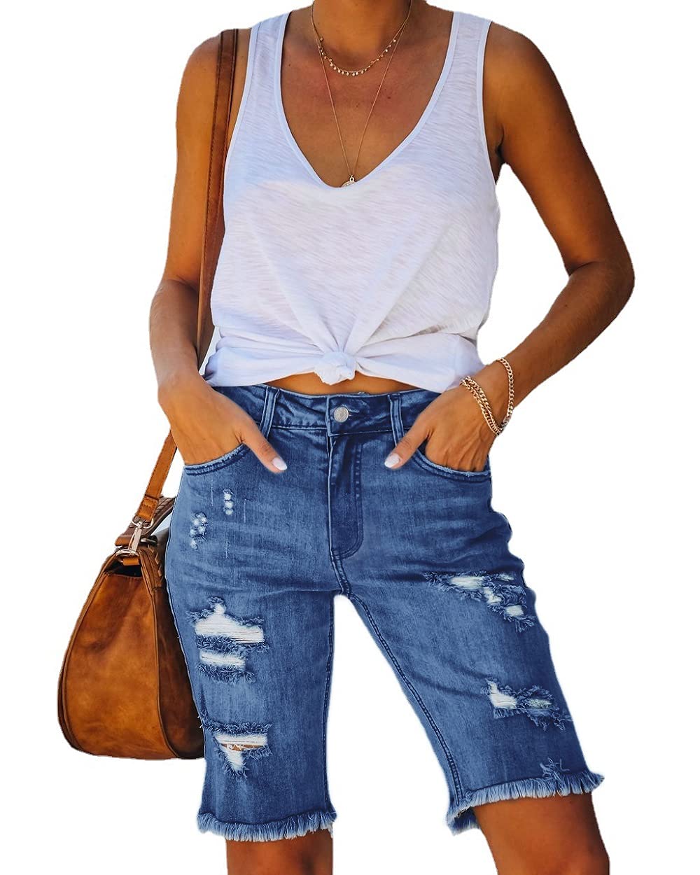 Women's Mid Waist Ripped Denim Shorts with Folded Hem - Vintage Distressed High Waisted Jean Shorts for Summer, Casual Outfits & Beach Vacations