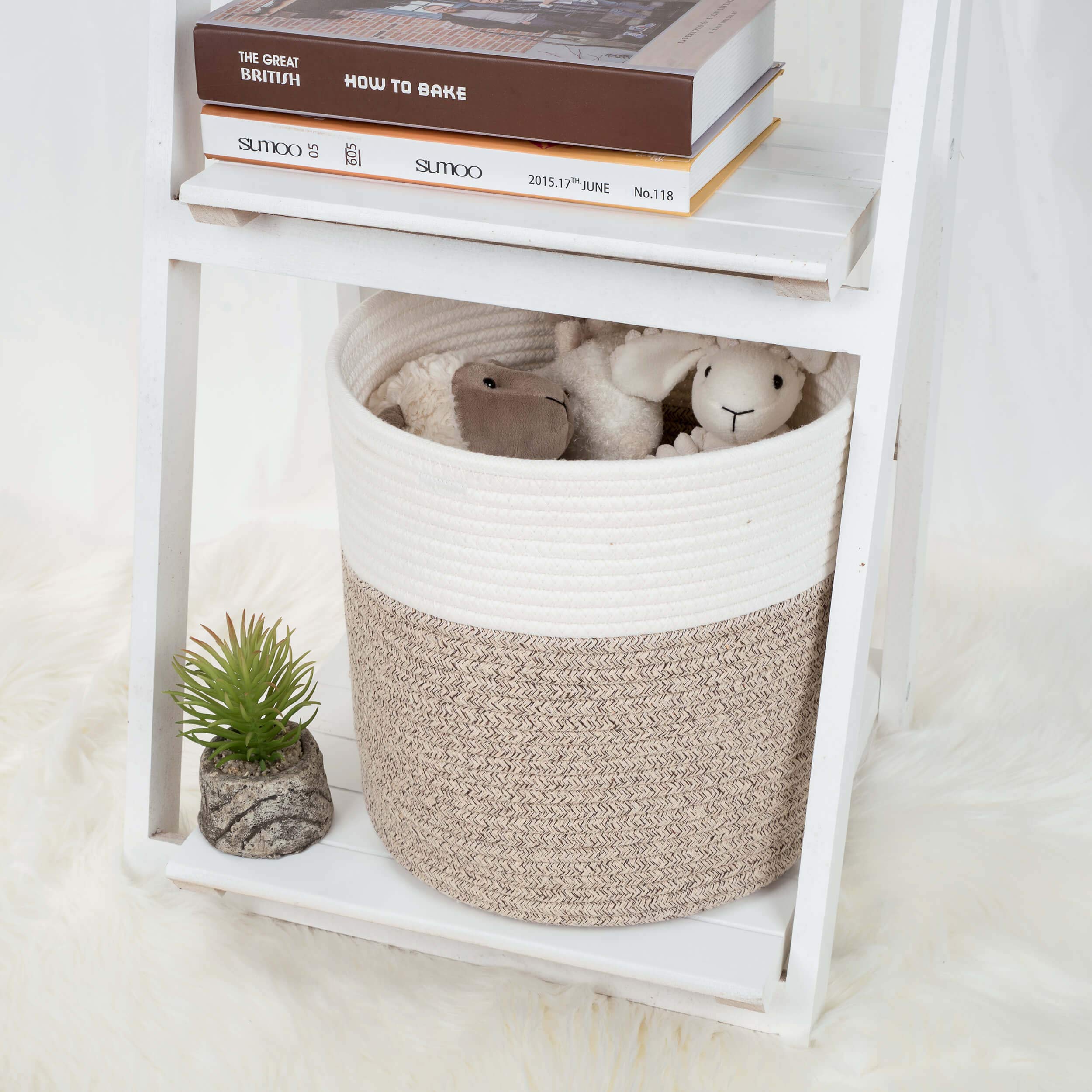 MINTWOOD 11x11 Inch Cotton Rope Basket - Decorative Round Woven Planter Cover for Indoor Plants, Flower Pots & Small Dog Toy Storage - Light Brown Home Decor for Living Room, Bedroom & Patio