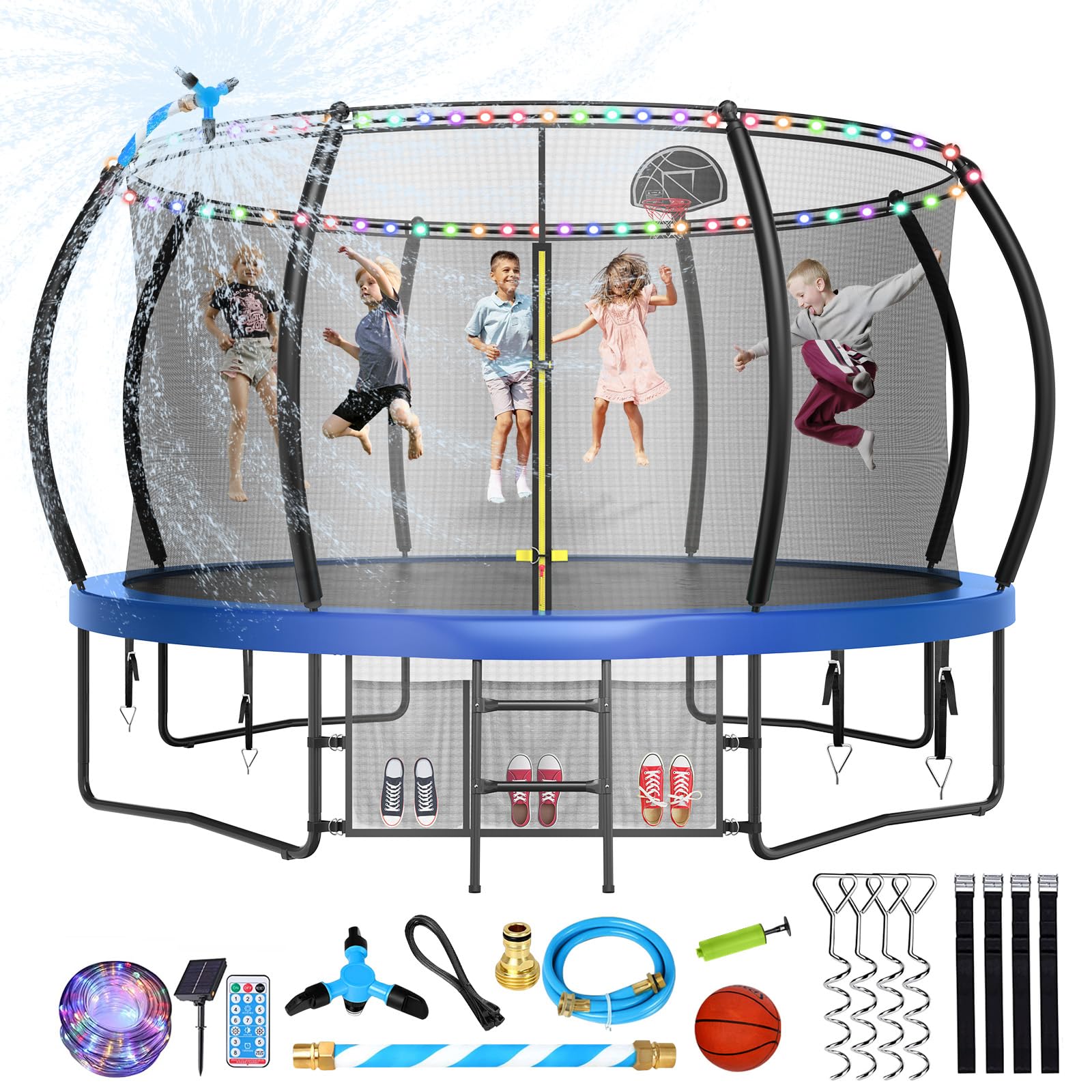 10FT 12FT 14FT 15FT 16FT Large Outdoor Trampoline with Basketball Hoop & LED Lights - Heavy Duty Recreational Trampoline for Kids & Adults with Safety Net, Sprinkler & Anchor Stakes | Perfect for Backyard Fun, Exercise & Family Outdoor Activities